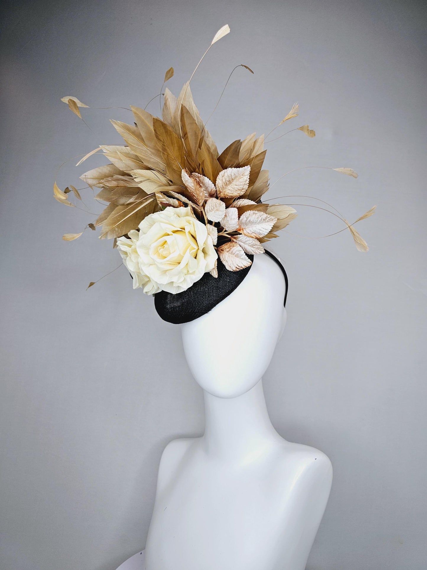 kentucky derby hat fascinator black sinamay,brown tan gold branching feathers,cream ivory satin silk roses,beige neutral ombre leaves