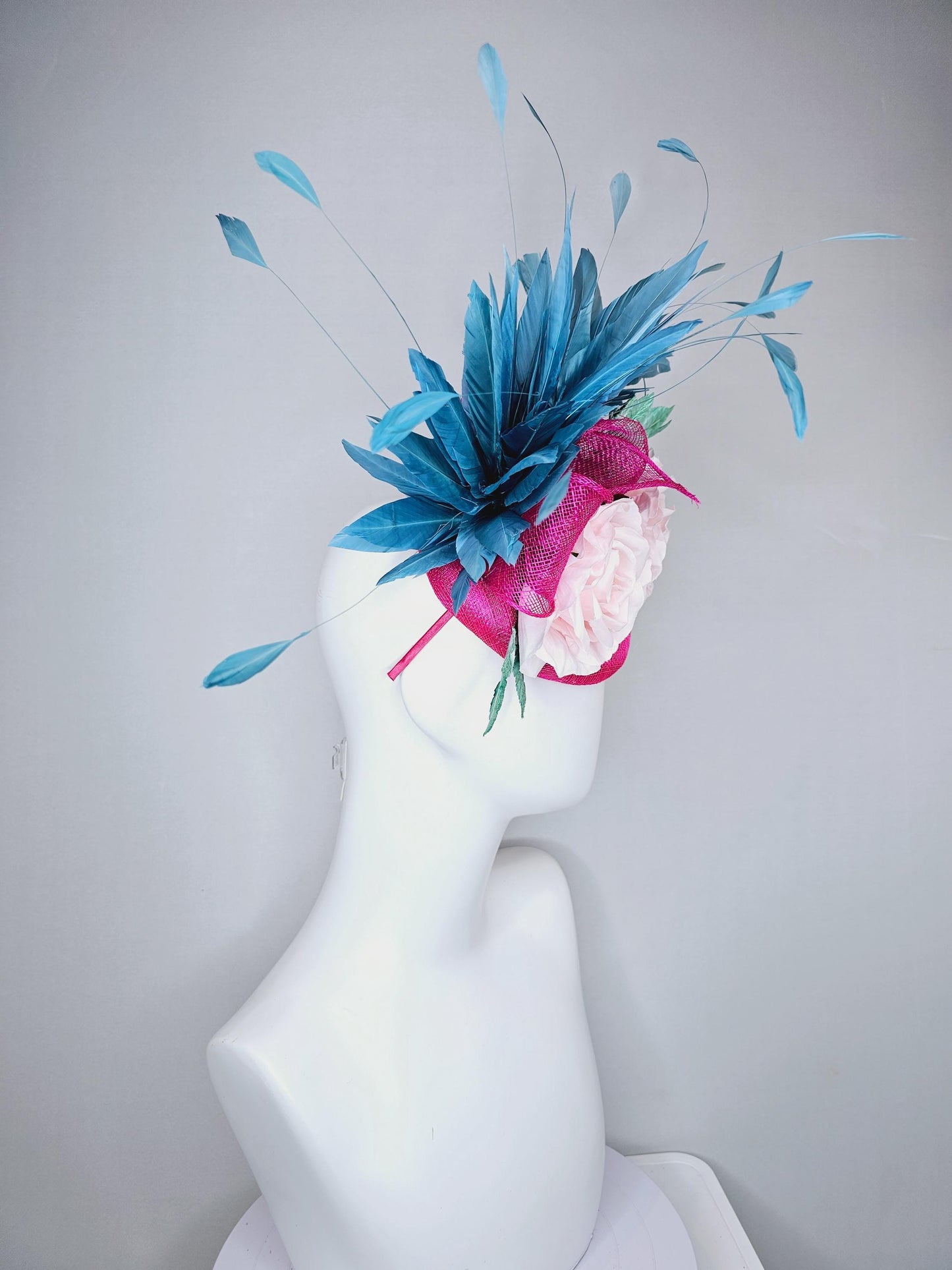 kentucky derby hat fascinator pink sinamay base with sinamay bow, sky blue branching feathers, mint green leaves,light pink satin silk roses