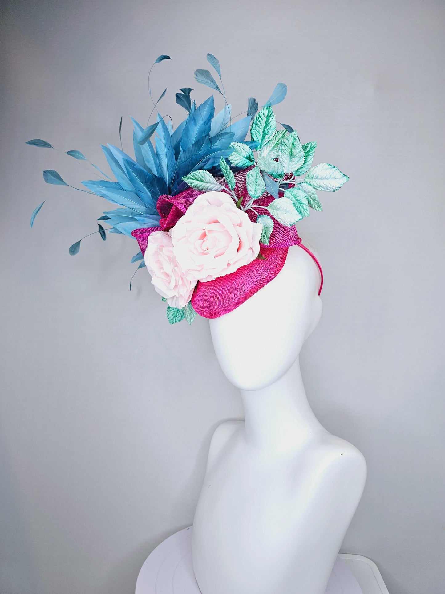kentucky derby hat fascinator pink sinamay base with sinamay bow, sky blue branching feathers, mint green leaves,light pink satin silk roses