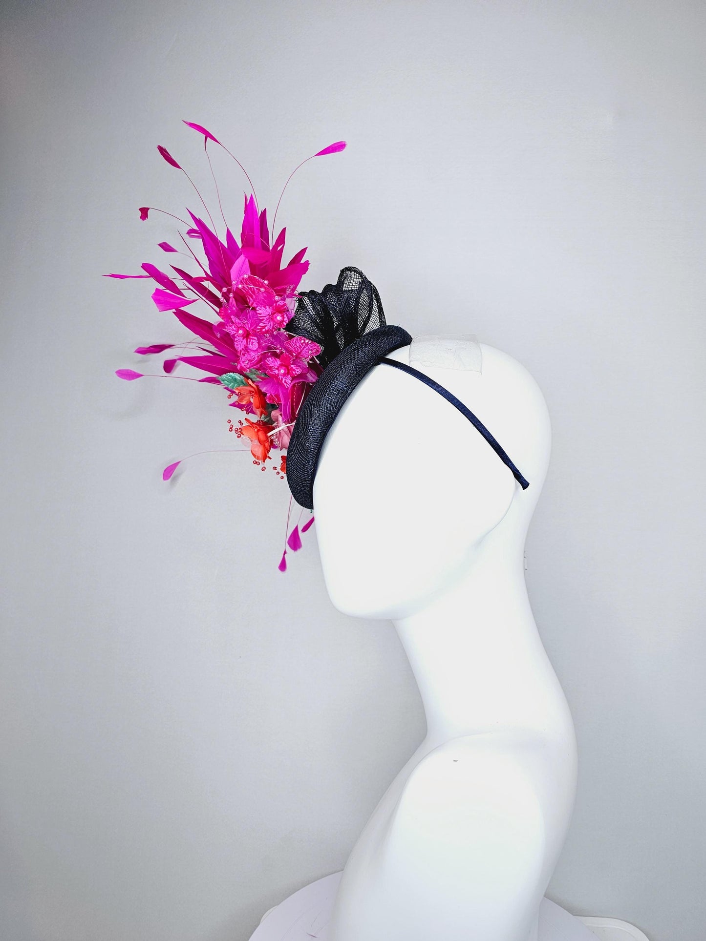 kentucky derby hat fascinator black sinamay with hot pink fuchsia branching feathers,orange and pink satin silk flowers,green leaves