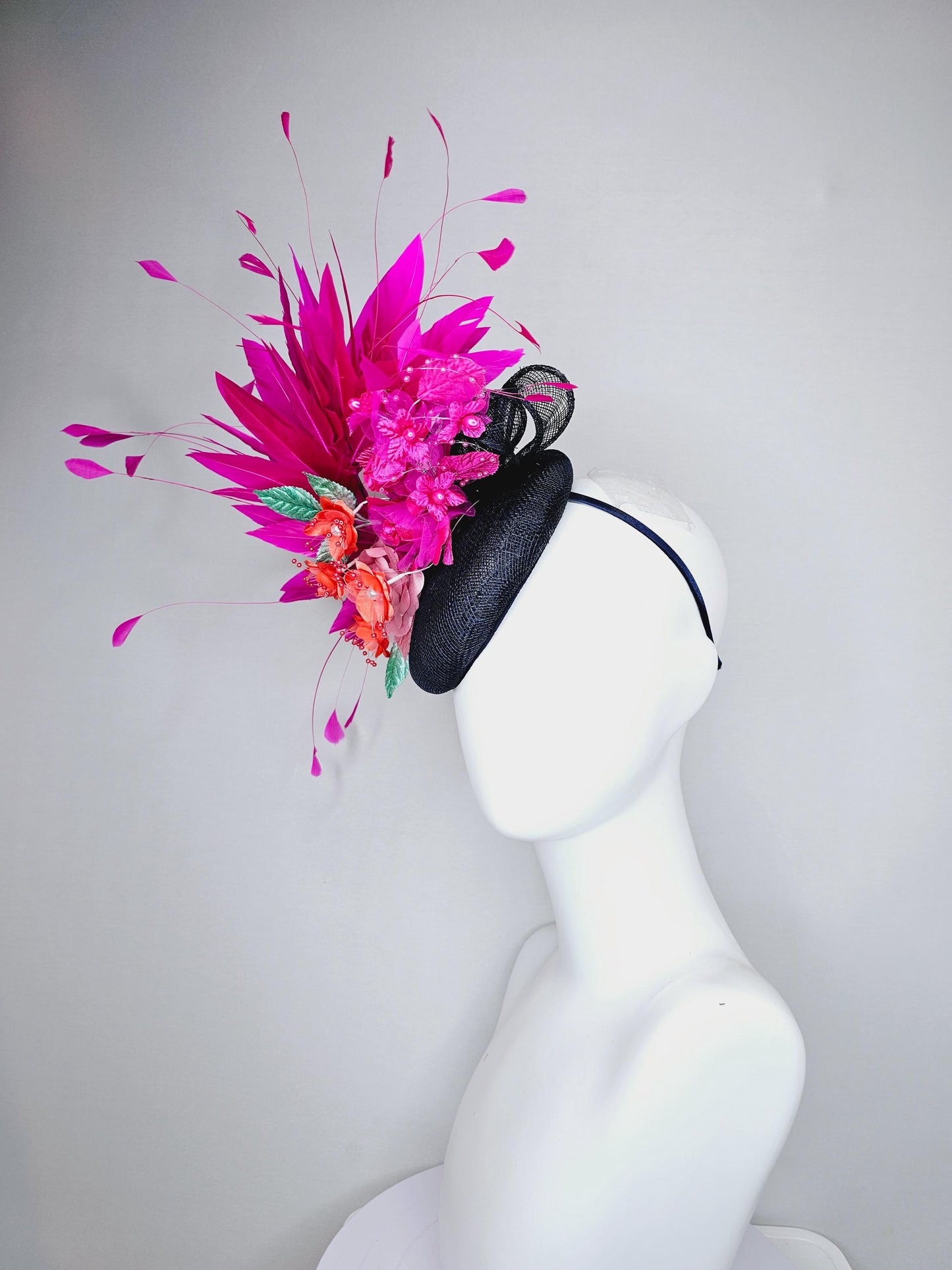 kentucky derby hat fascinator black sinamay with hot pink fuchsia branching feathers,orange and pink satin silk flowers,green leaves