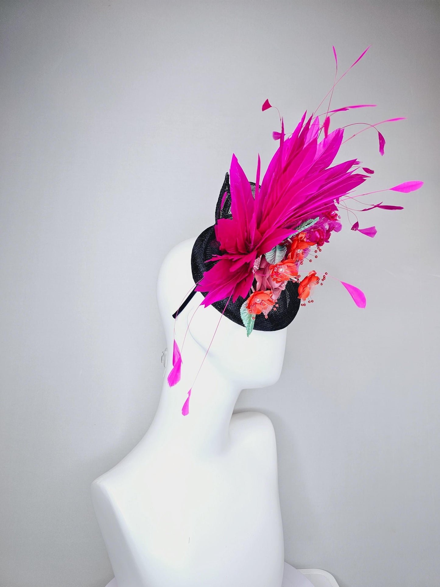 kentucky derby hat fascinator black sinamay with hot pink fuchsia branching feathers,orange and pink satin silk flowers,green leaves