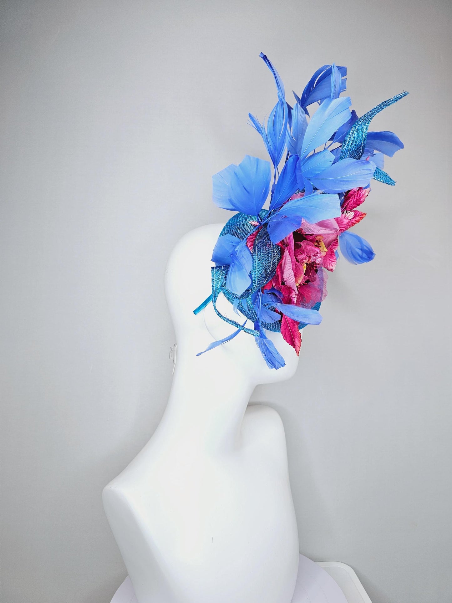 kentucky derby hat fascinator bright blue sinamay with curls,royal blue branching feathers,pink ombre organza rose,pink ombre velvet leaves