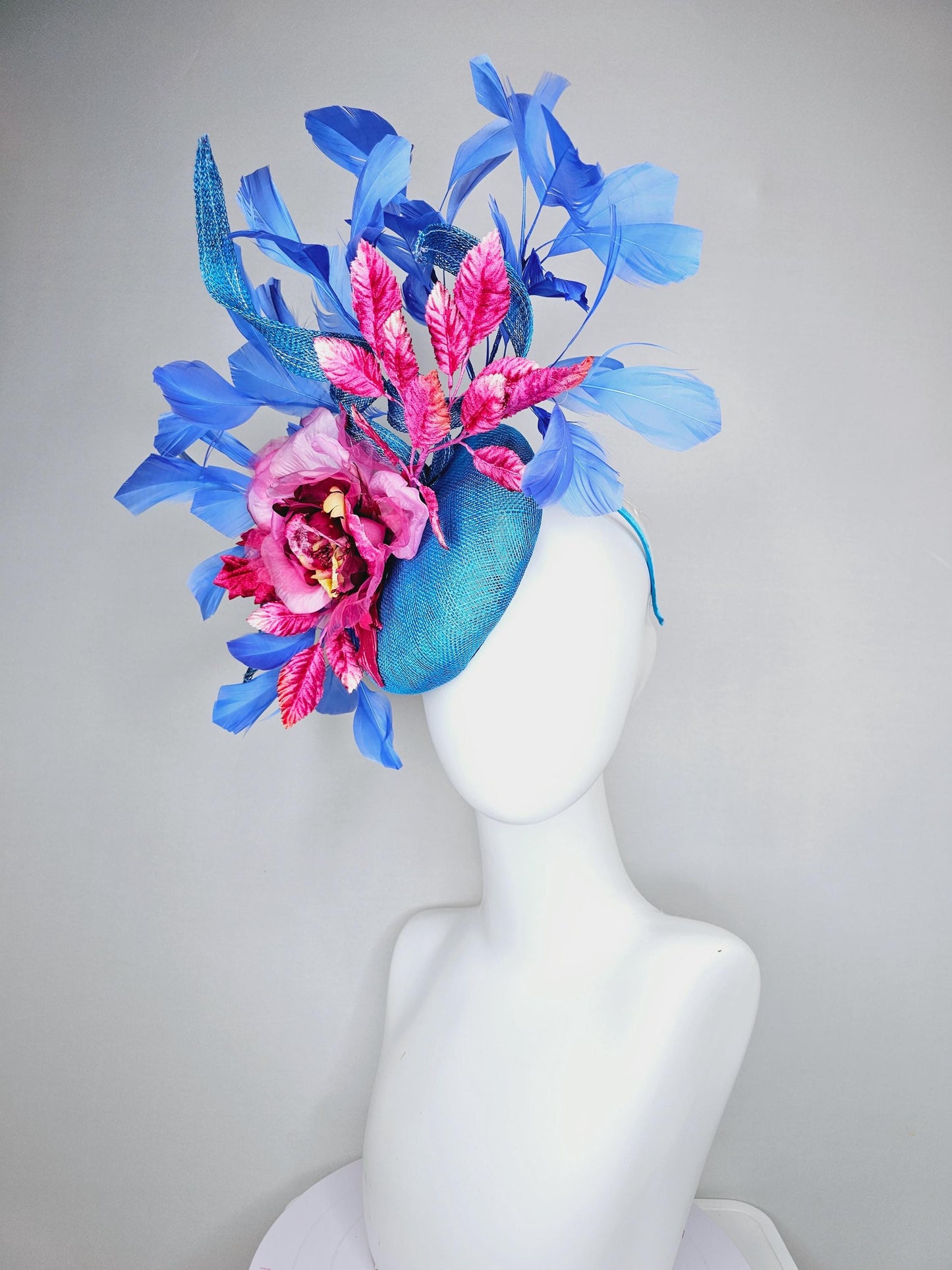 kentucky derby hat fascinator bright blue sinamay with curls,royal blue branching feathers,pink ombre organza rose,pink ombre velvet leaves