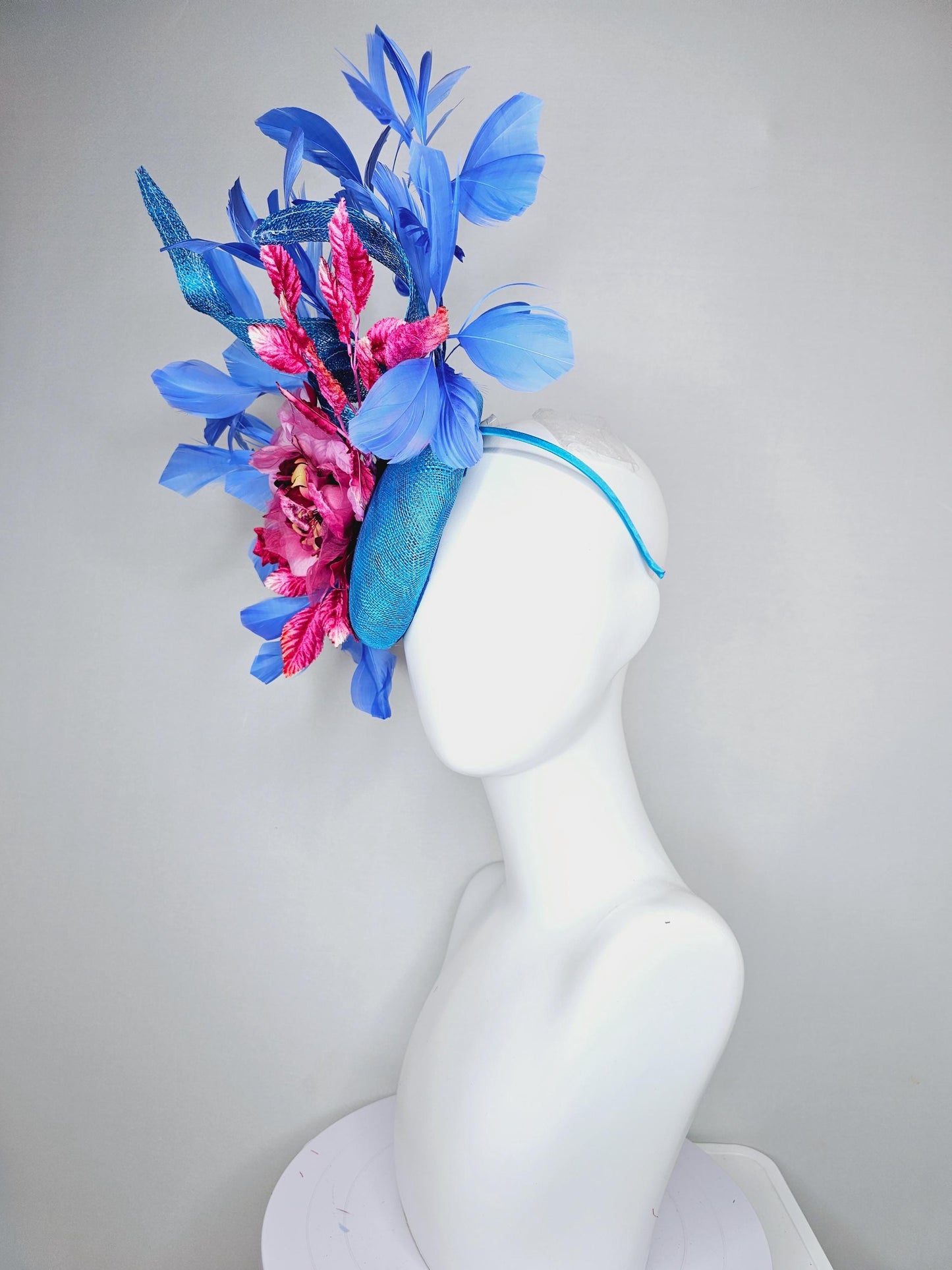 kentucky derby hat fascinator bright blue sinamay with curls,royal blue branching feathers,pink ombre organza rose,pink ombre velvet leaves
