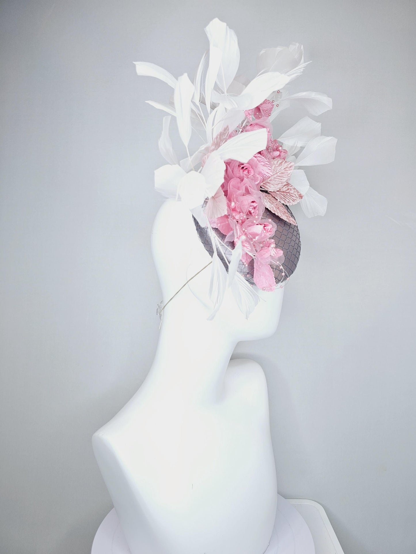 kentucky derby hat fascinator silver gray satin w/ netting, blush pink organza satin rose flowers,light pink leaves,white branching feathers