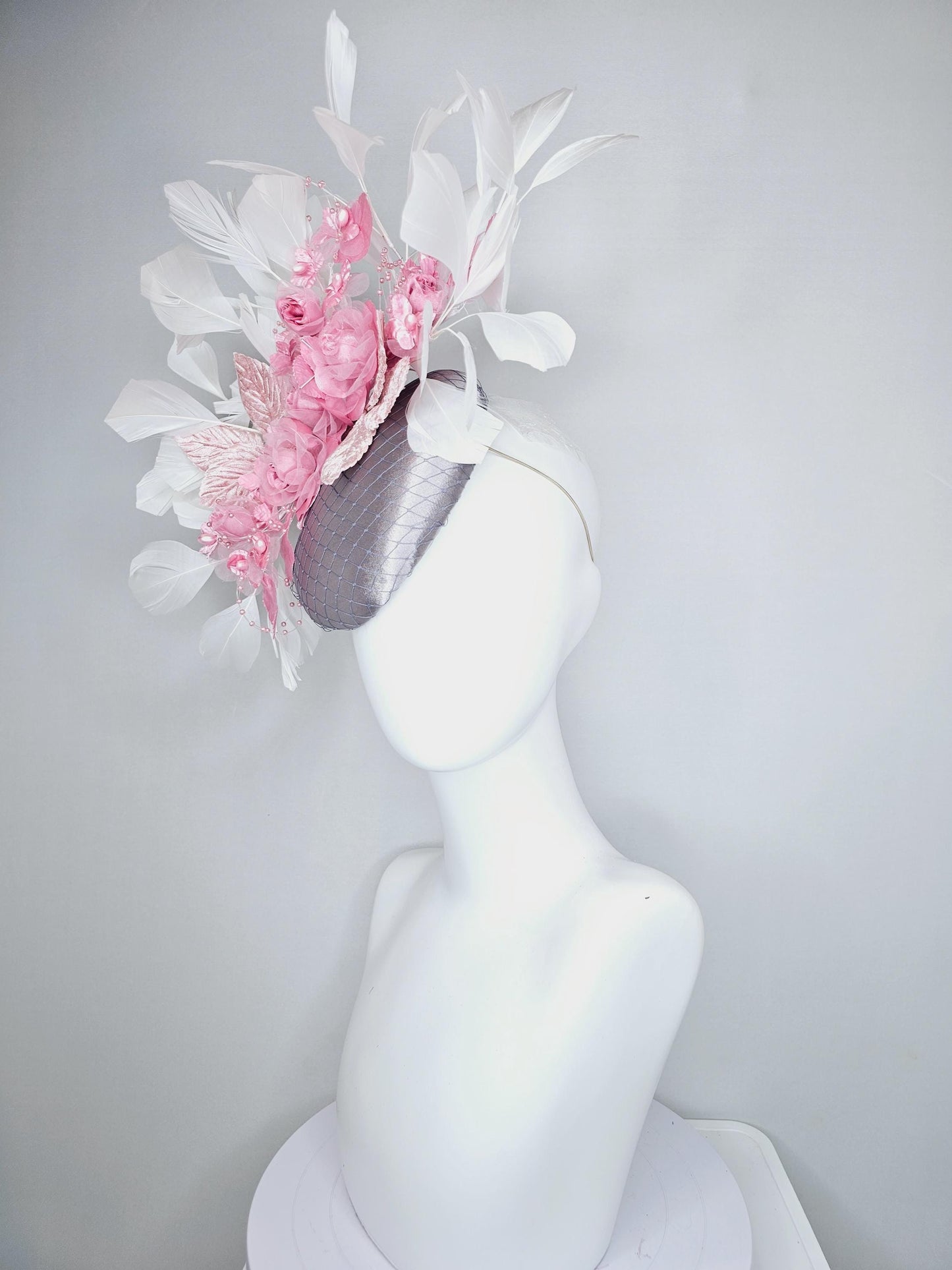 kentucky derby hat fascinator silver gray satin w/ netting, blush pink organza satin rose flowers,light pink leaves,white branching feathers