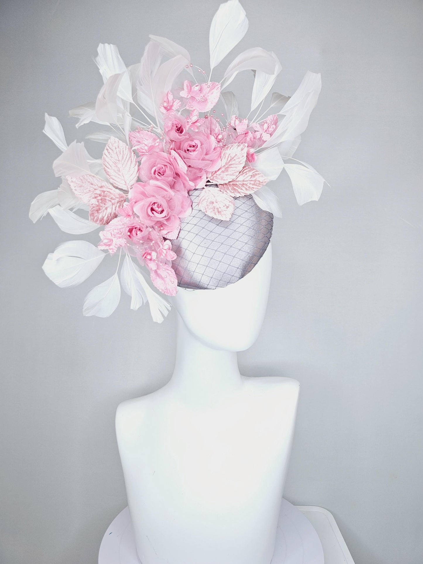 kentucky derby hat fascinator silver gray satin w/ netting, blush pink organza satin rose flowers,light pink leaves,white branching feathers