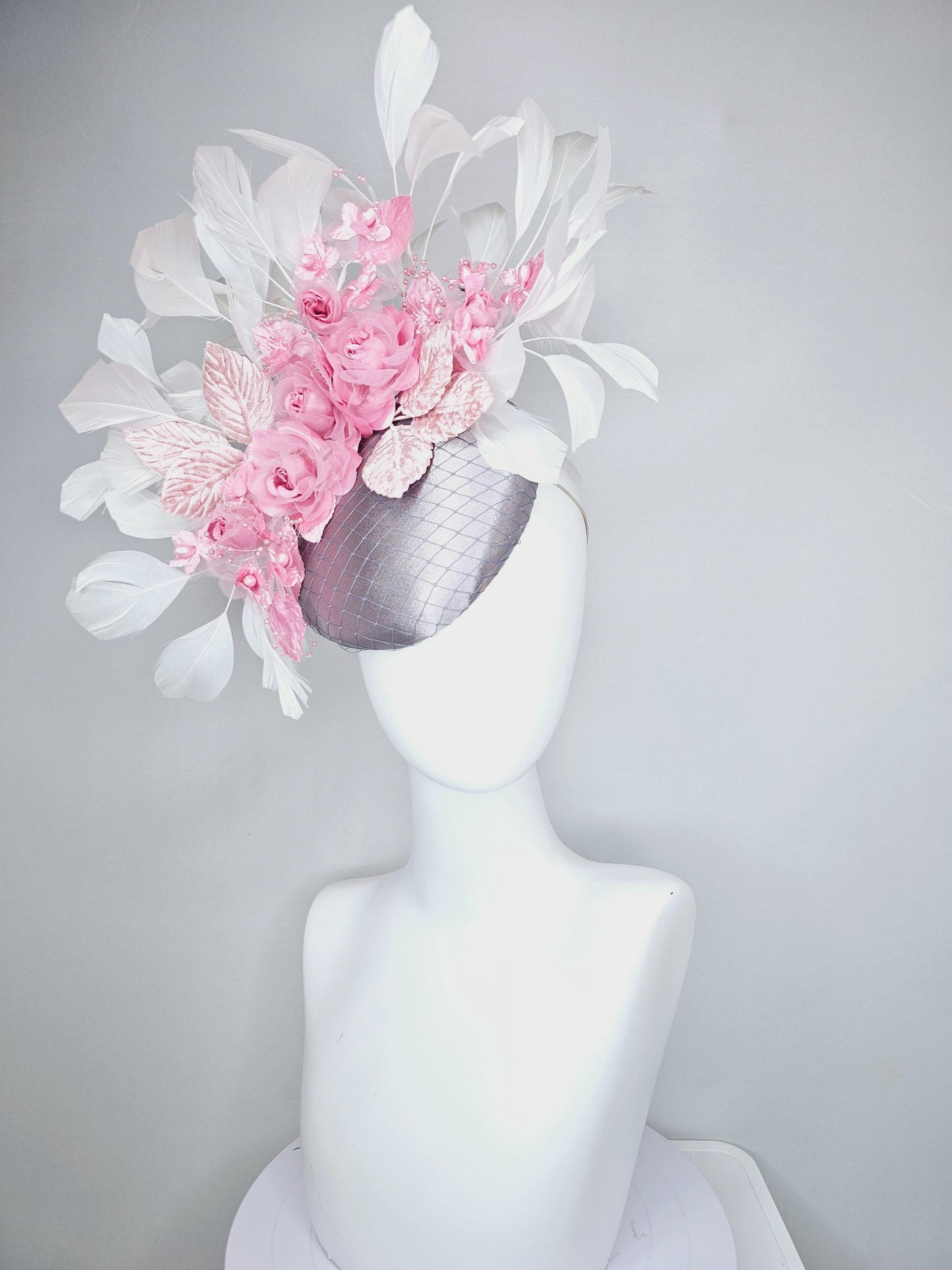 kentucky derby hat fascinator silver gray satin w/ netting, blush pink organza satin rose flowers,light pink leaves,white branching feathers