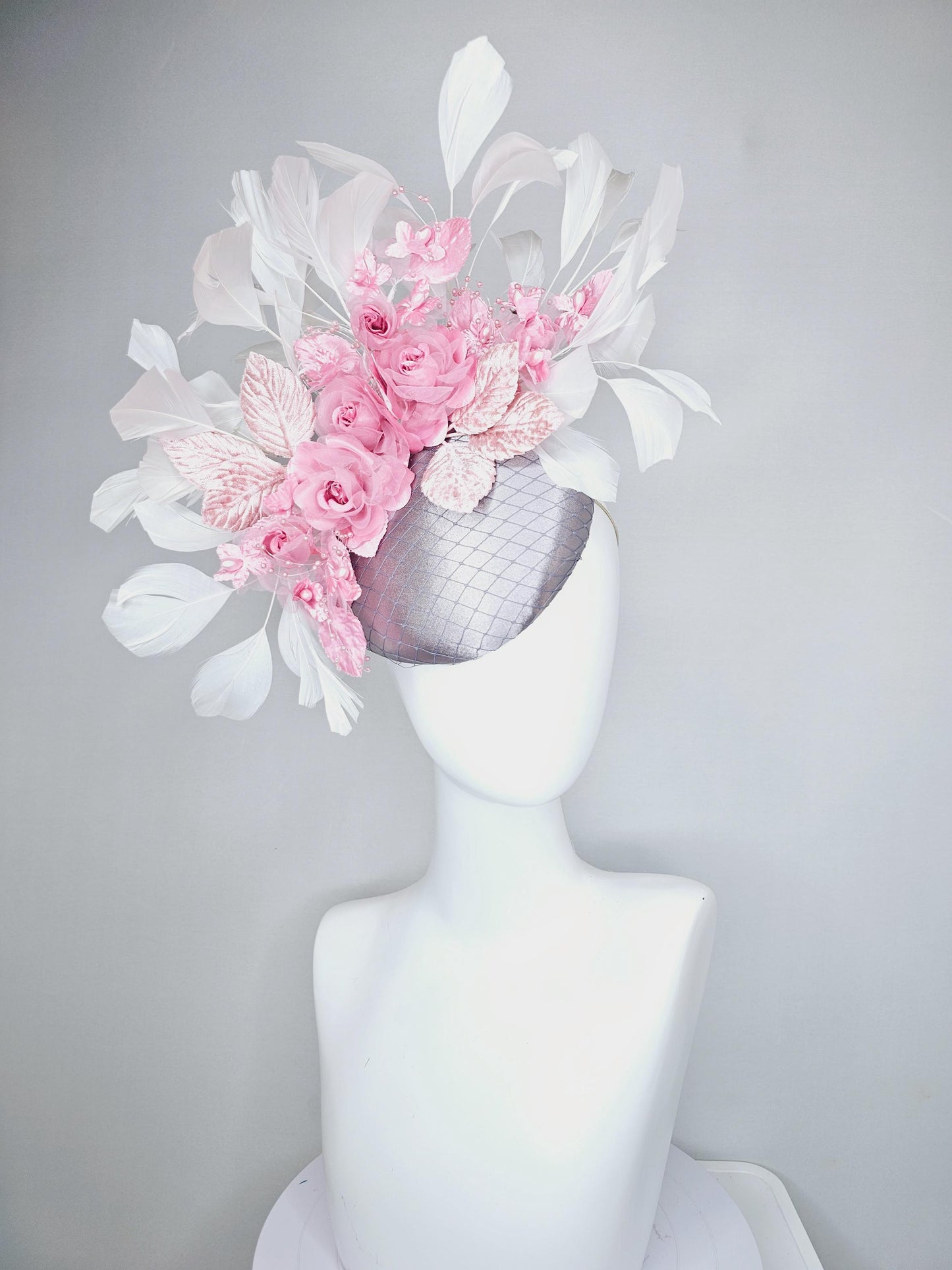 kentucky derby hat fascinator silver gray satin w/ netting, blush pink organza satin rose flowers,light pink leaves,white branching feathers