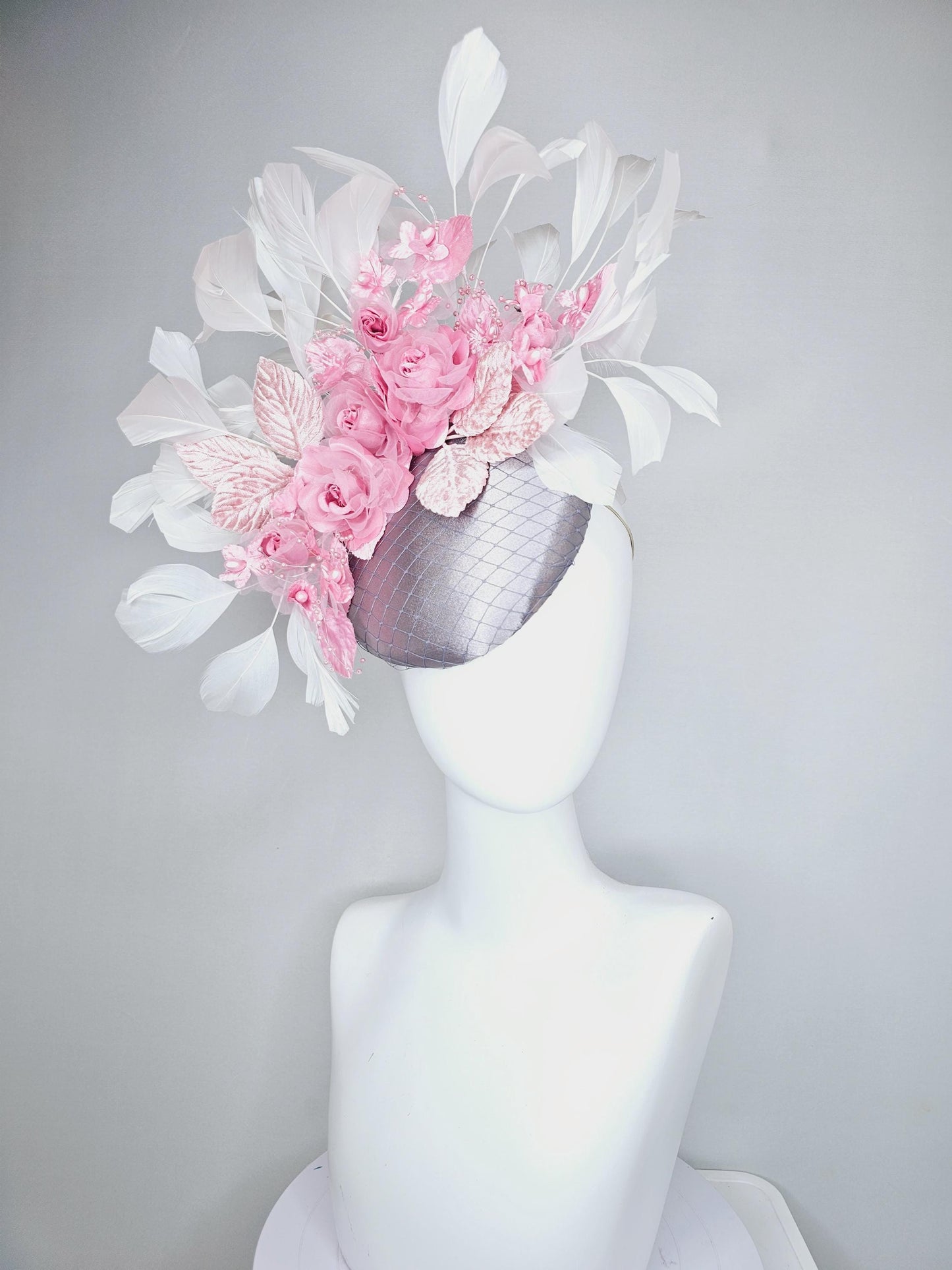 kentucky derby hat fascinator silver gray satin w/ netting, blush pink organza satin rose flowers,light pink leaves,white branching feathers