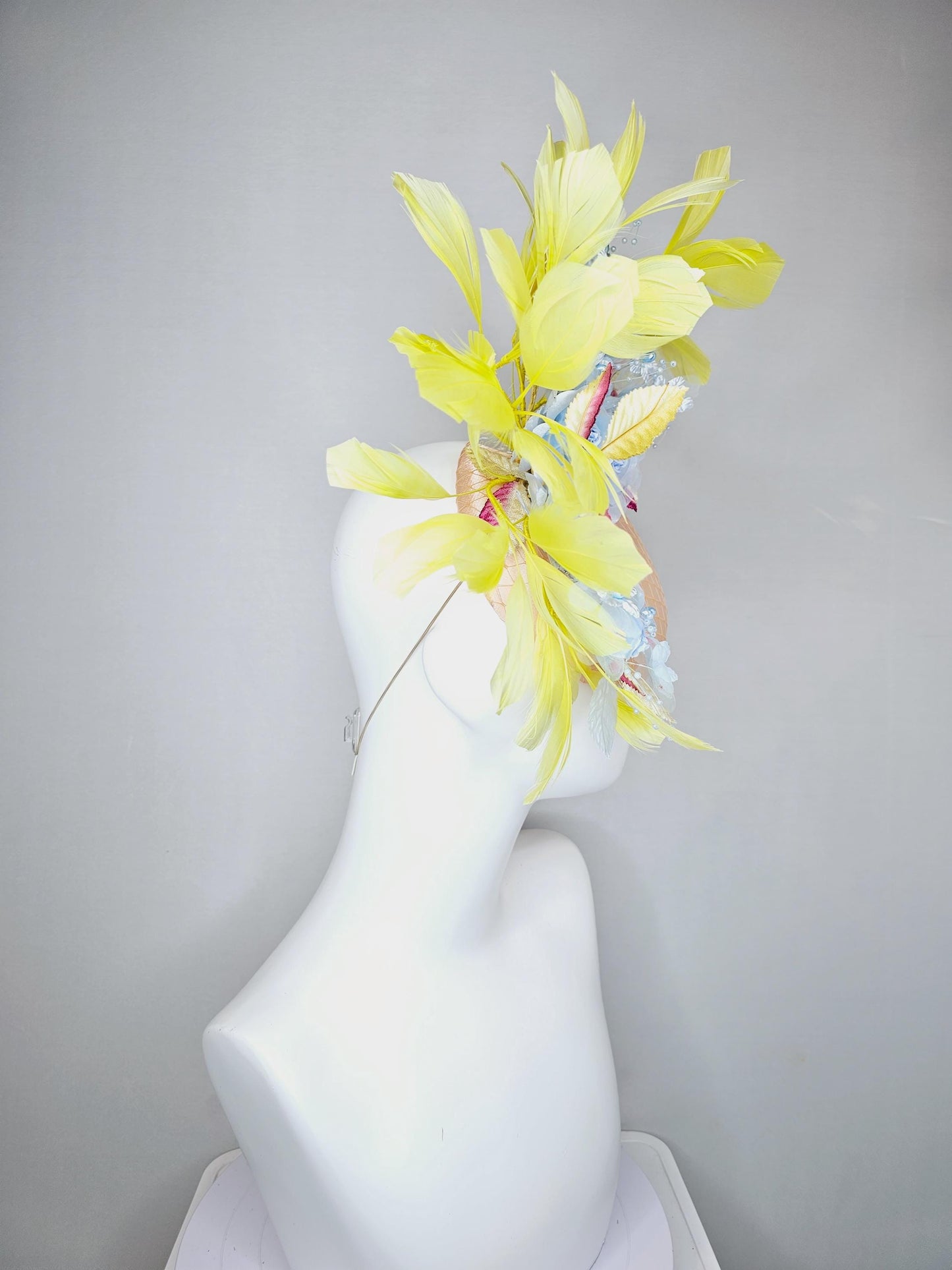 kentucky derby hat fascinator light pink champagne satin with netting, light blue organza satin flowers, ombre pink leaves, yellow feathers