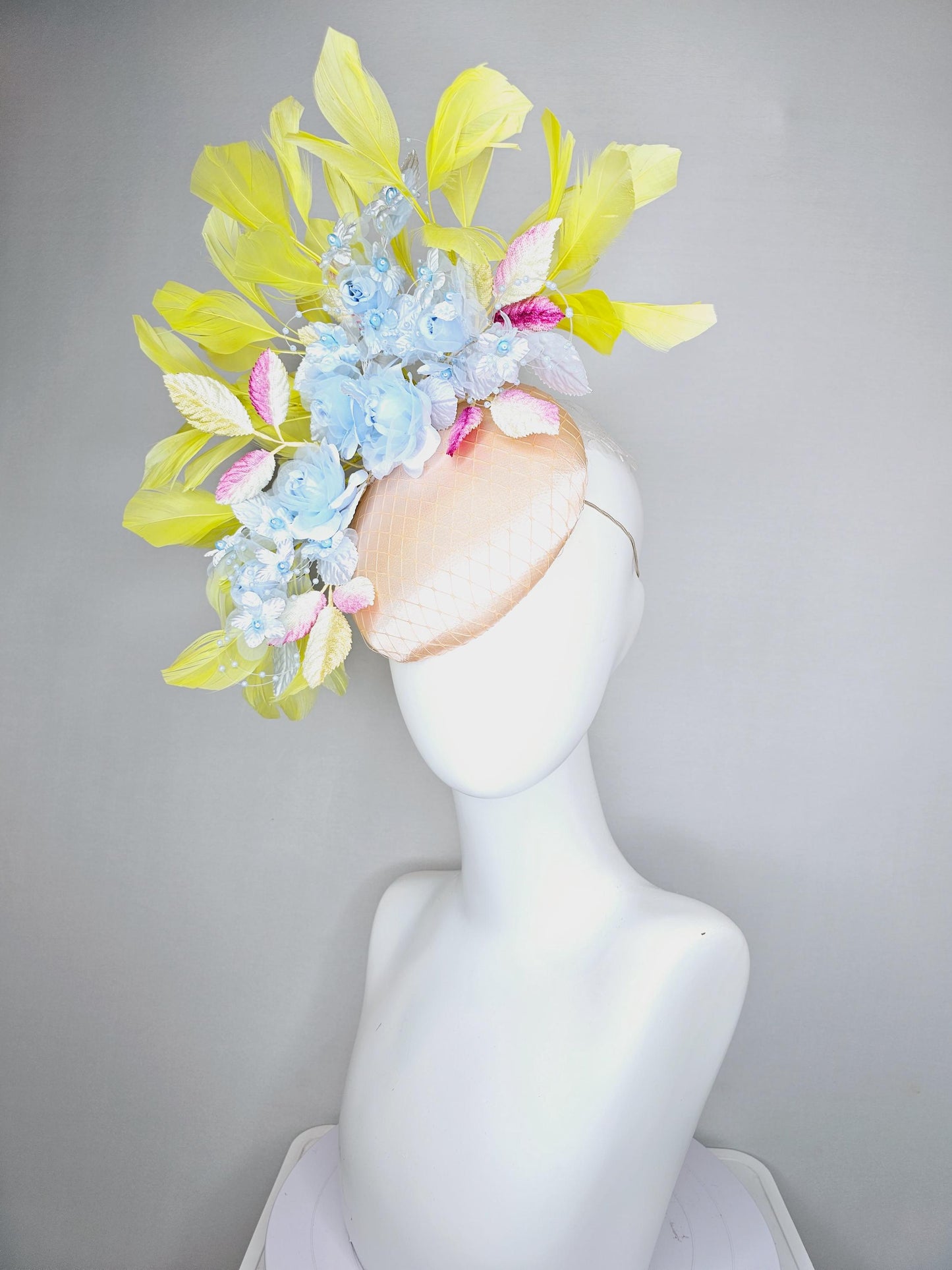 kentucky derby hat fascinator light pink champagne satin with netting, light blue organza satin flowers, ombre pink leaves, yellow feathers