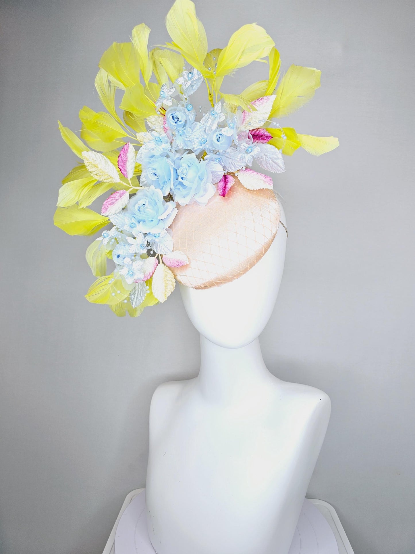kentucky derby hat fascinator light pink champagne satin with netting, light blue organza satin flowers, ombre pink leaves, yellow feathers