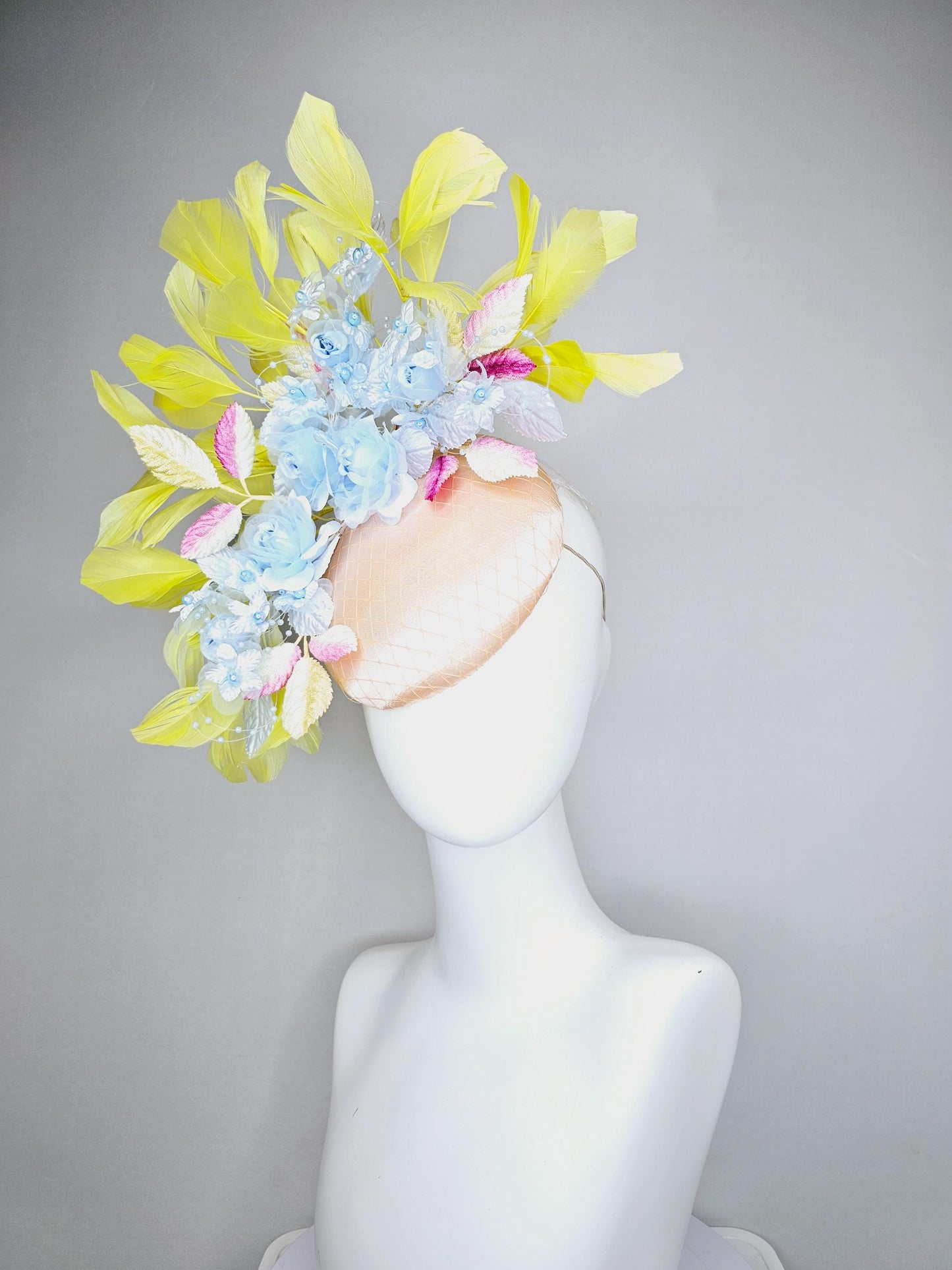 kentucky derby hat fascinator light pink champagne satin with netting, light blue organza satin flowers, ombre pink leaves, yellow feathers