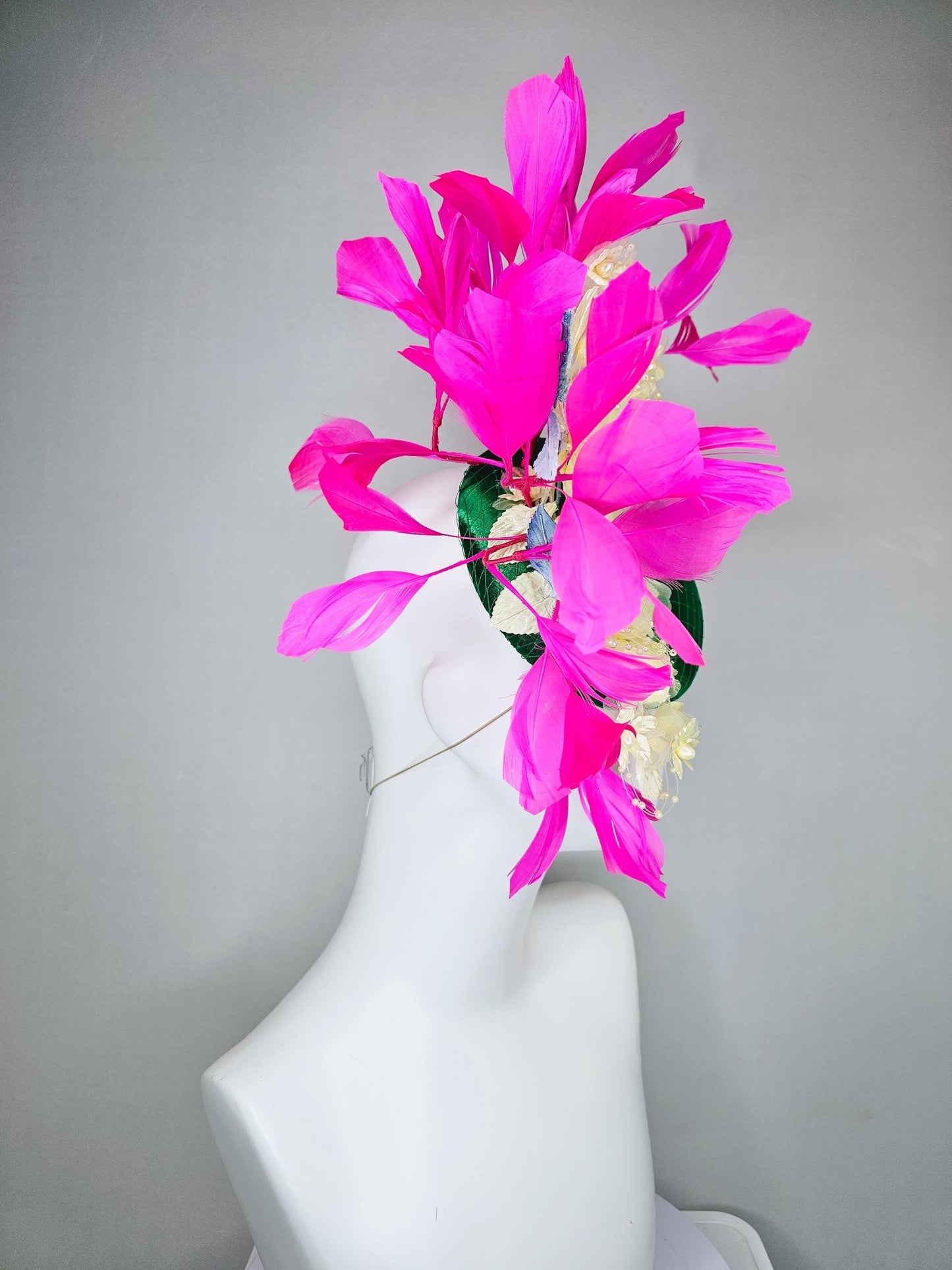 kentucky derby hat fascinator emerald green satin with netting, light yellow organza satin flowers, ombre blue leaves, pink fuchsia feathers