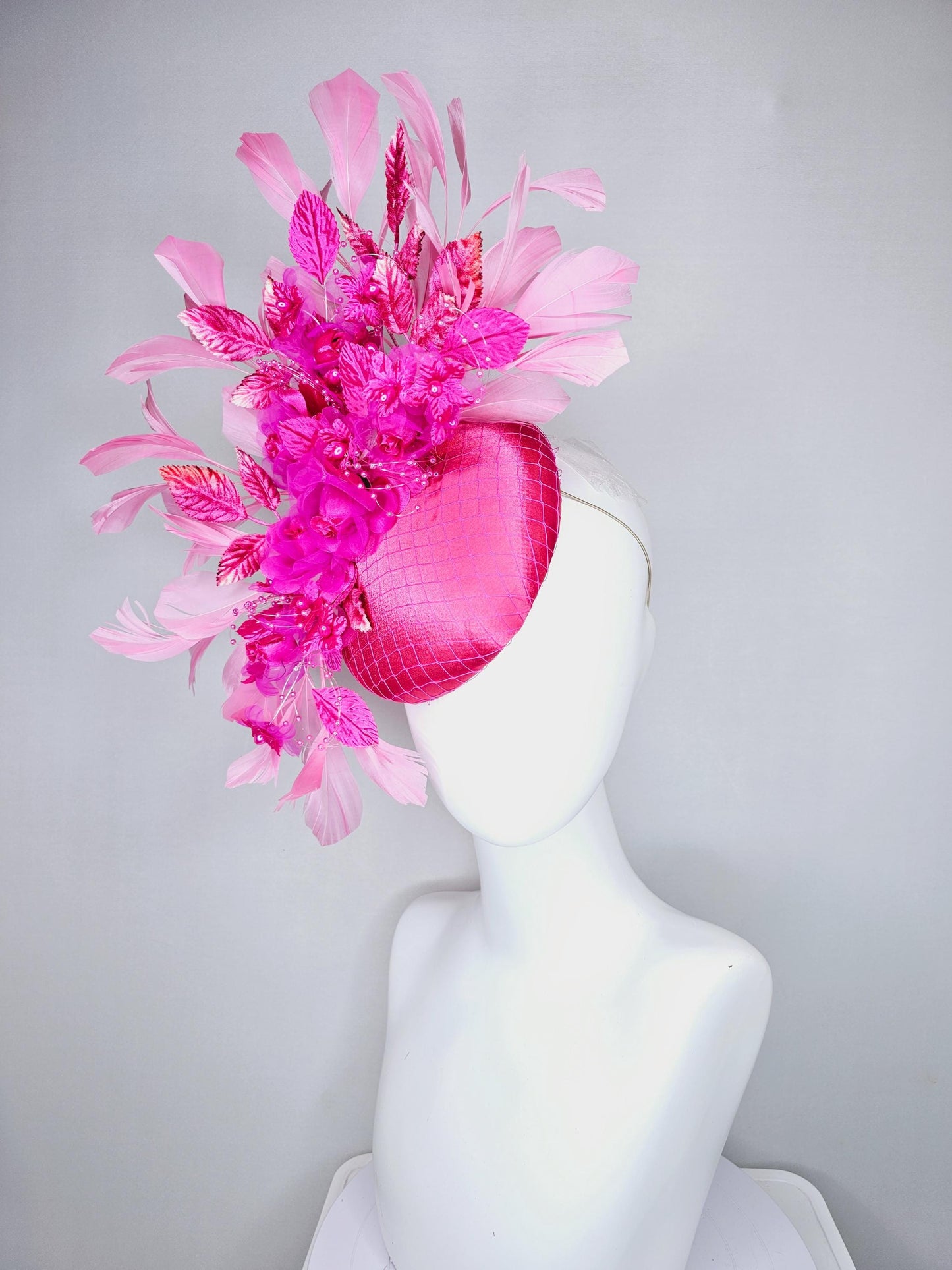 kentucky derby hat fascinator pink satin with netting bright pink fuchsia satin flowers ombre pink leaves blush pink branching feathers