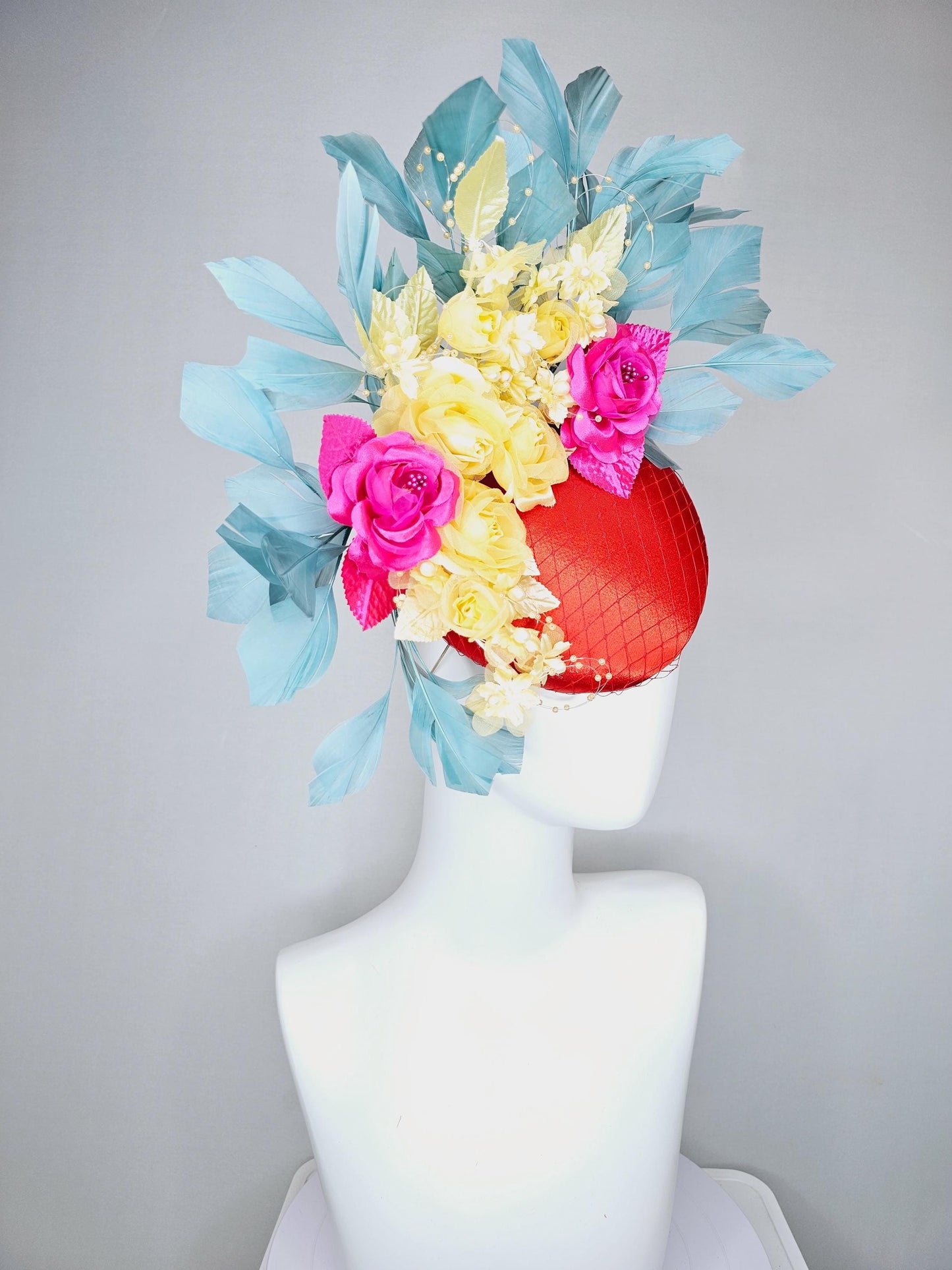 kentucky derby hat fascinator red satin with netting, pink yellow organza satin rose flowers,pink yellow leaves,teal blue branching feathers