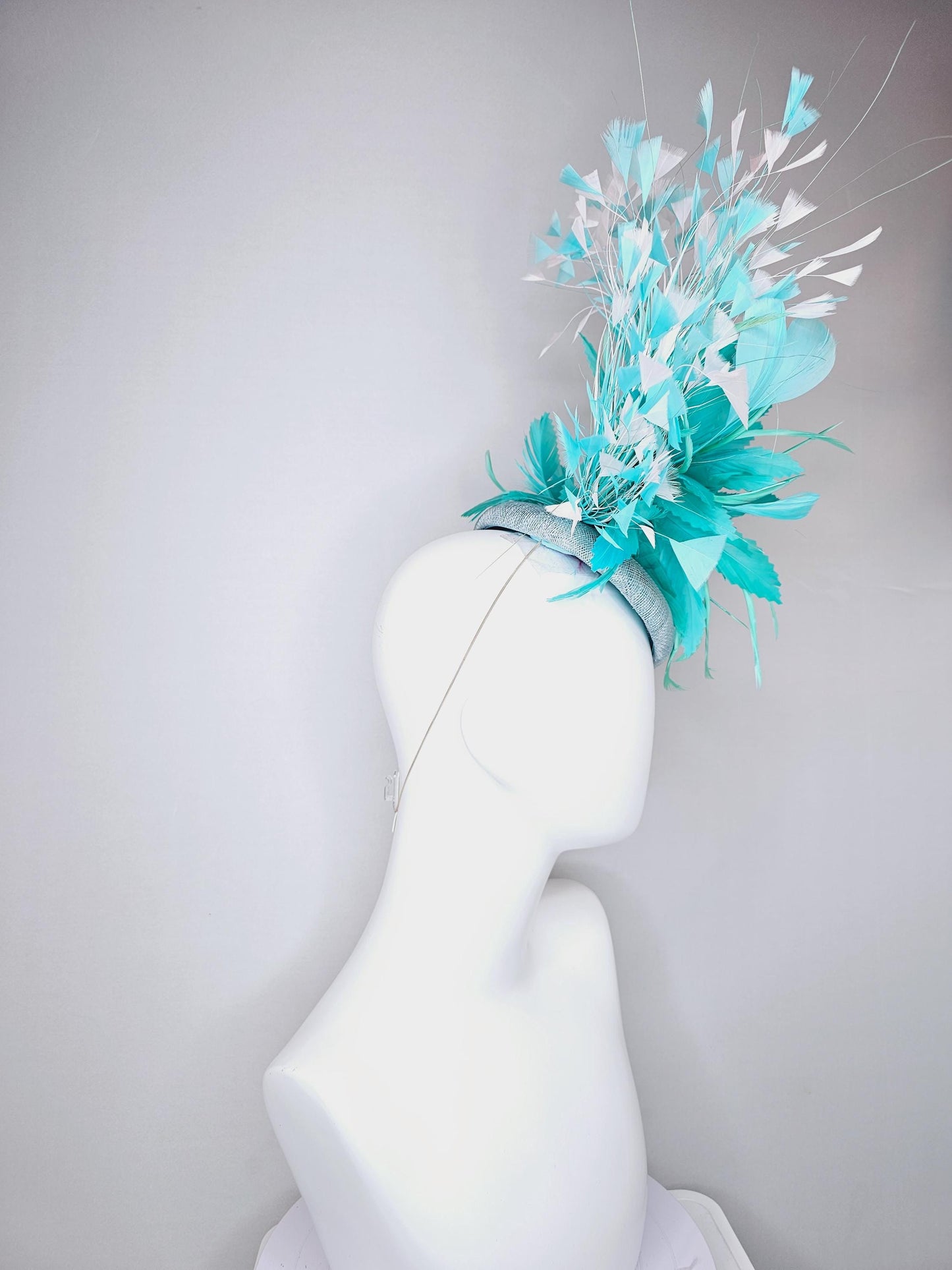 kentucky derby hat fascinator light blue sinamay, fluffy turquoise blue mint green zigzag feather flower, white blue branching feathers