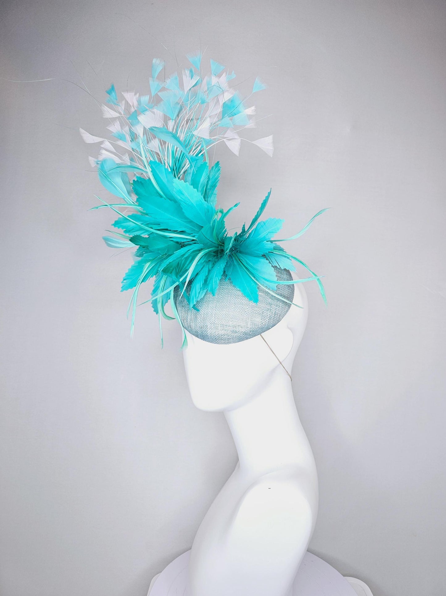 kentucky derby hat fascinator light blue sinamay, fluffy turquoise blue mint green zigzag feather flower, white blue branching feathers