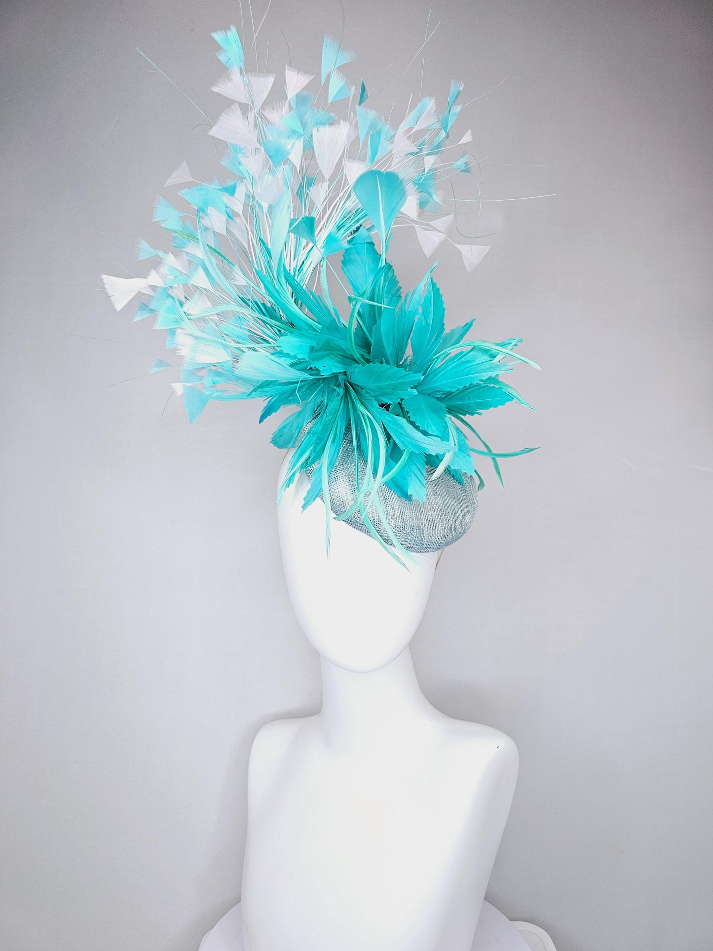 kentucky derby hat fascinator light blue sinamay, fluffy turquoise blue mint green zigzag feather flower, white blue branching feathers