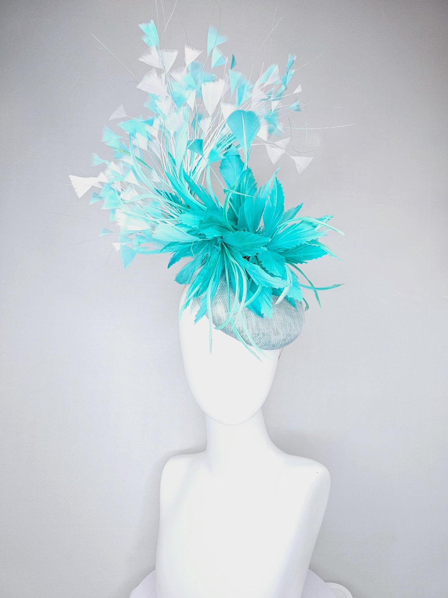 kentucky derby hat fascinator light blue sinamay, fluffy turquoise blue mint green zigzag feather flower, white blue branching feathers