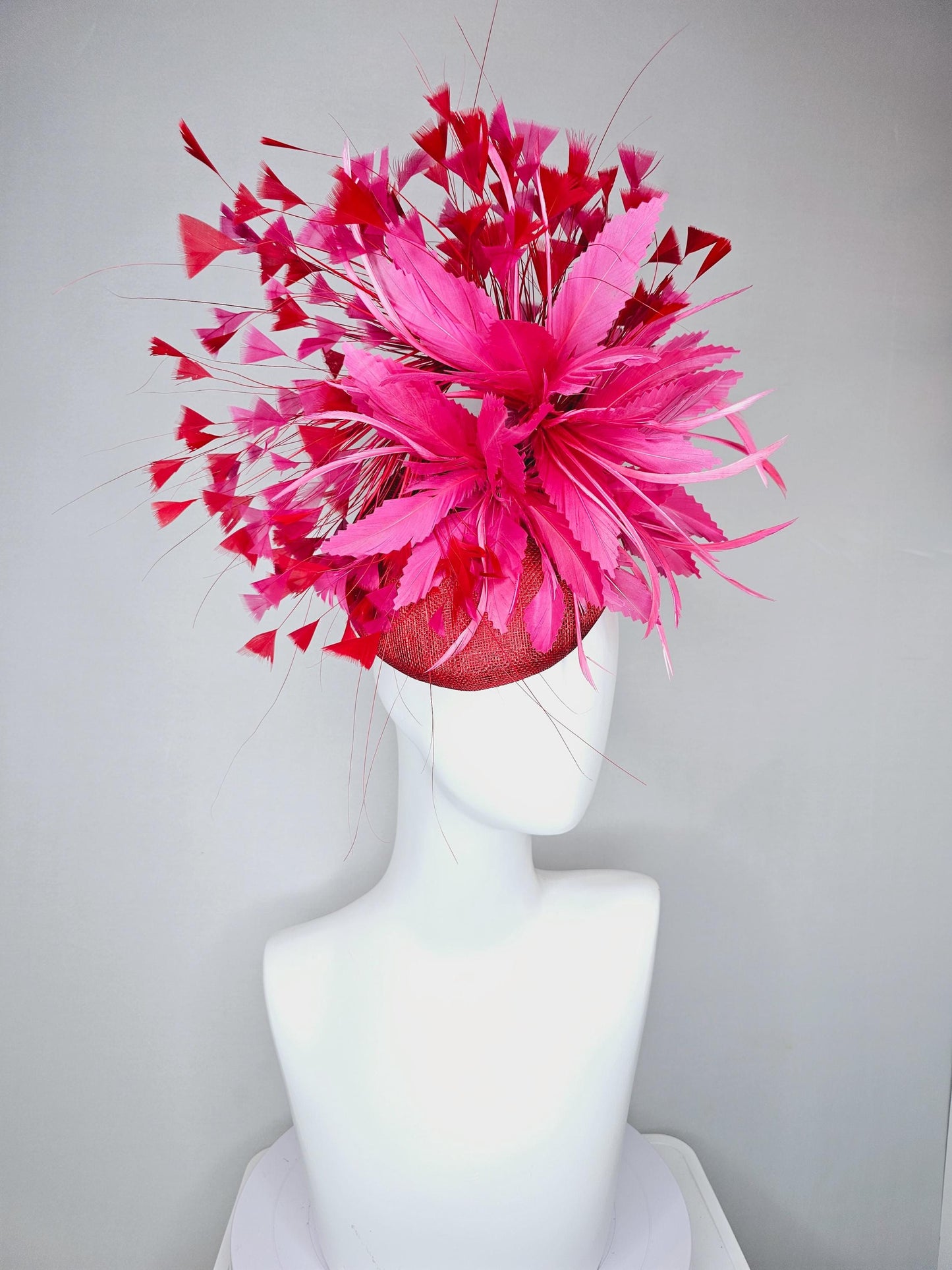 kentucky derby hat fascinator red sinamay with fluffy pink zigzag feather flower and scarlet red branching feathers