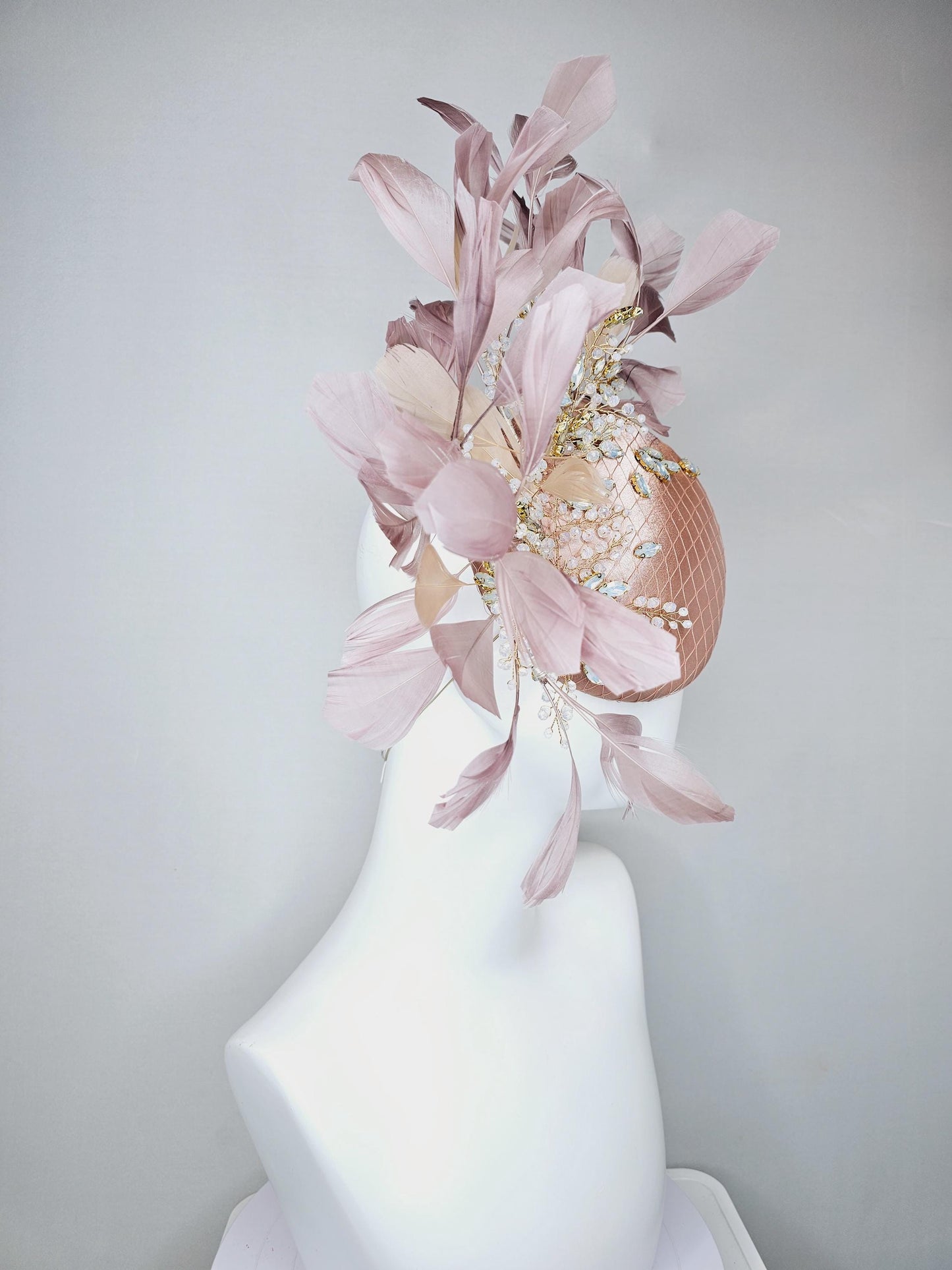 kentucky derby hat fascinator light pink champagne satin w/ netting and white crystal beaded jewels stems,mauve taupe neutral beige feathers