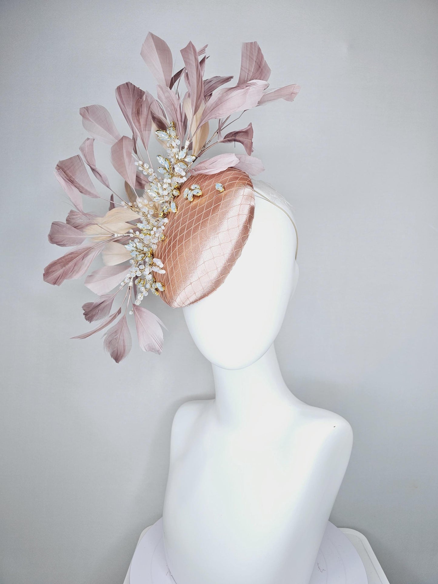 kentucky derby hat fascinator light pink champagne satin w/ netting and white crystal beaded jewels stems,mauve taupe neutral beige feathers