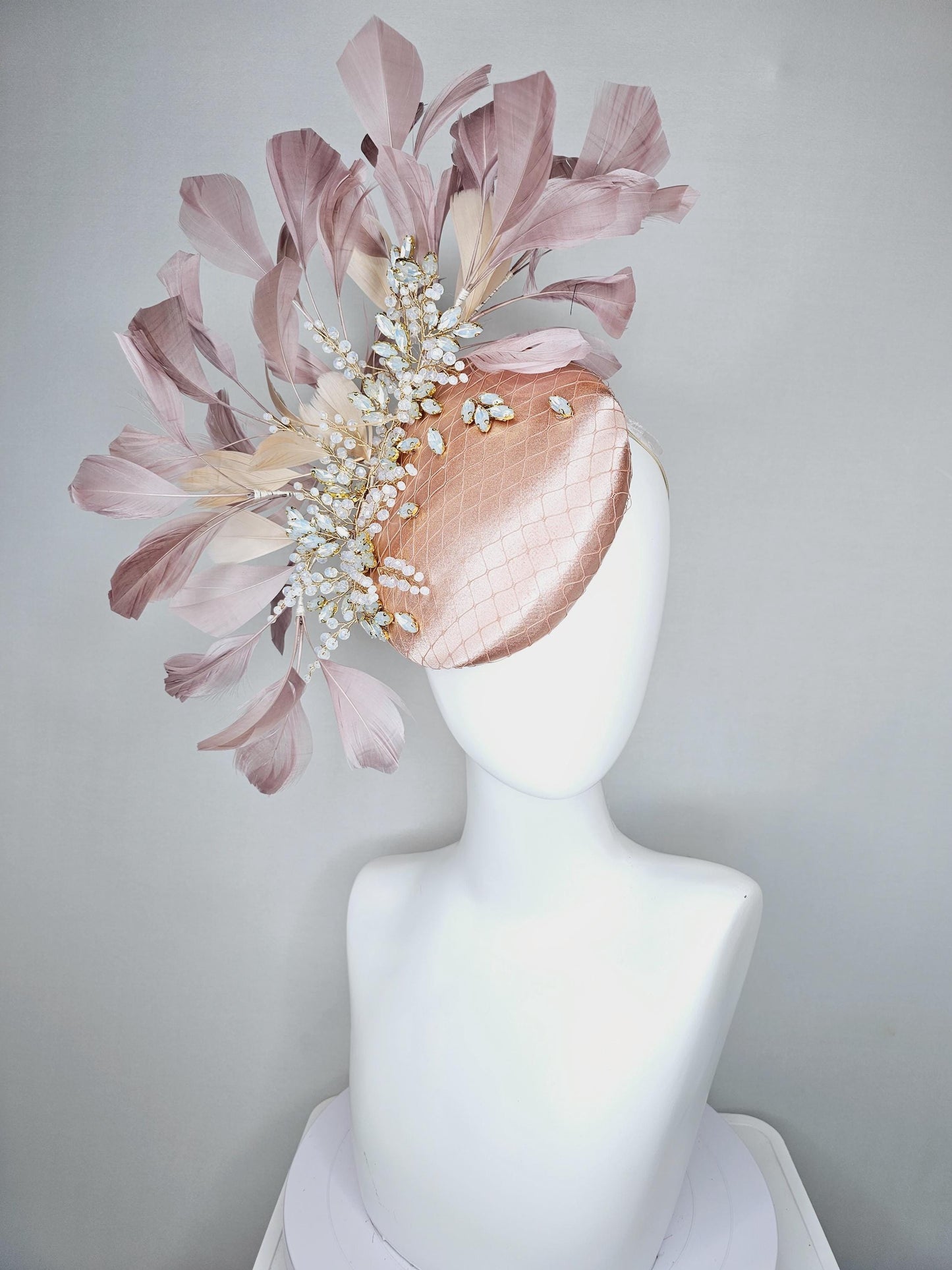 kentucky derby hat fascinator light pink champagne satin w/ netting and white crystal beaded jewels stems,mauve taupe neutral beige feathers