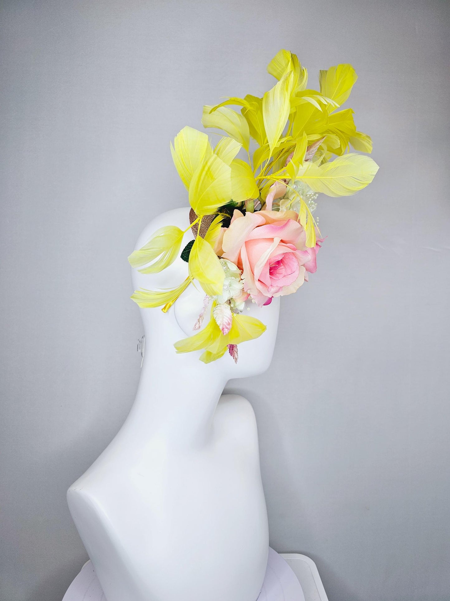 kentucky derby hat fascinator pink ombre satin roses, ivory white organza satin flowers, pink ombre leaves, yellow branching feathers