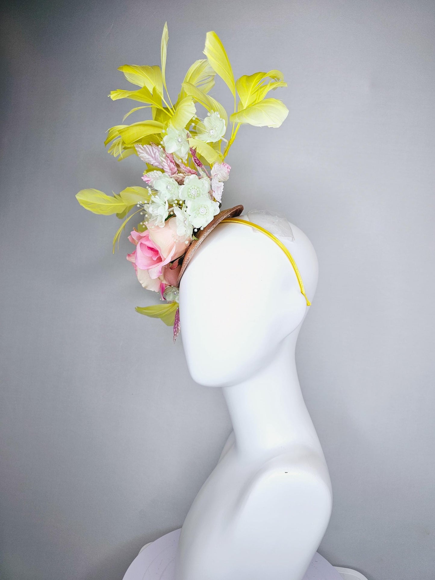 kentucky derby hat fascinator pink ombre satin roses, ivory white organza satin flowers, pink ombre leaves, yellow branching feathers