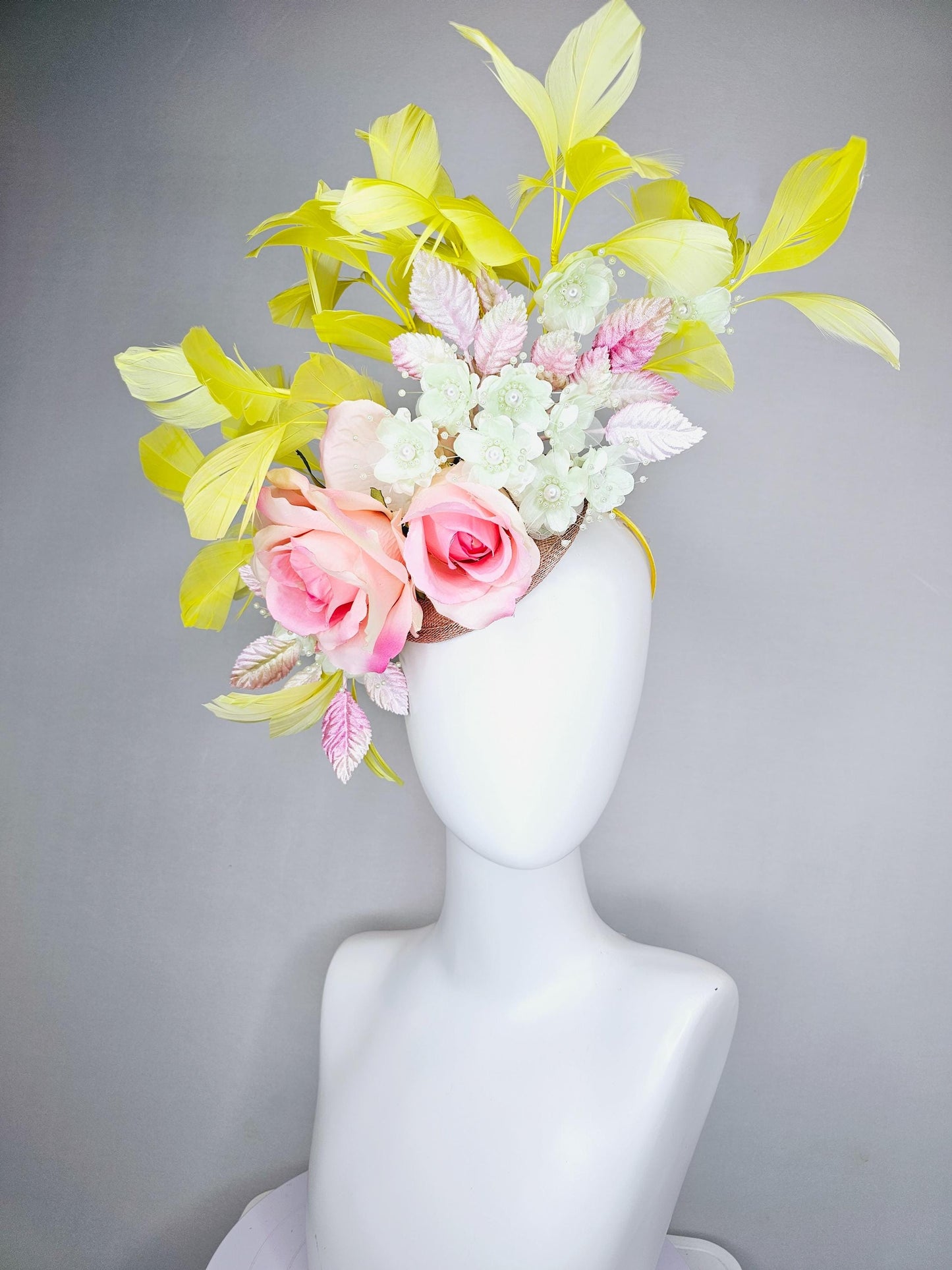 kentucky derby hat fascinator pink ombre satin roses, ivory white organza satin flowers, pink ombre leaves, yellow branching feathers