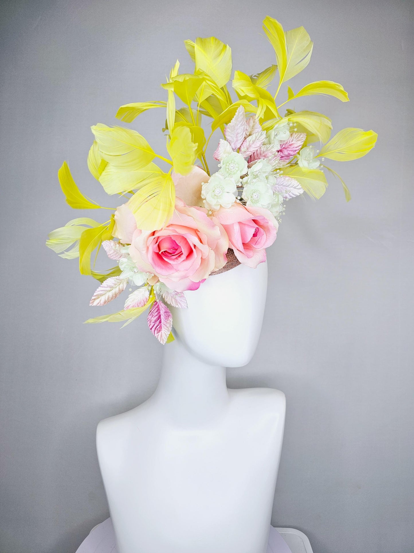 kentucky derby hat fascinator pink ombre satin roses, ivory white organza satin flowers, pink ombre leaves, yellow branching feathers