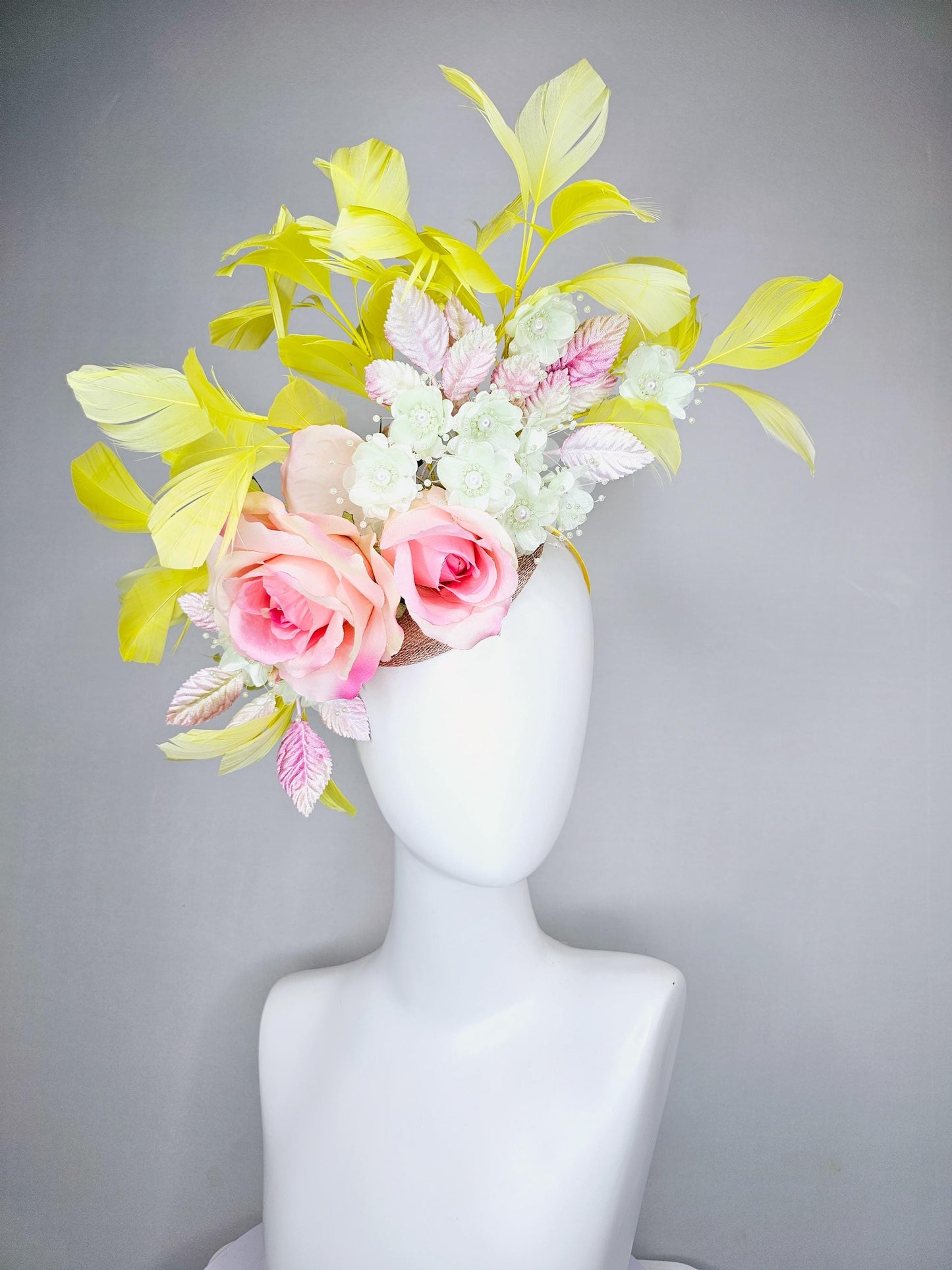 kentucky derby hat fascinator pink ombre satin roses, ivory white organza satin flowers, pink ombre leaves, yellow branching feathers
