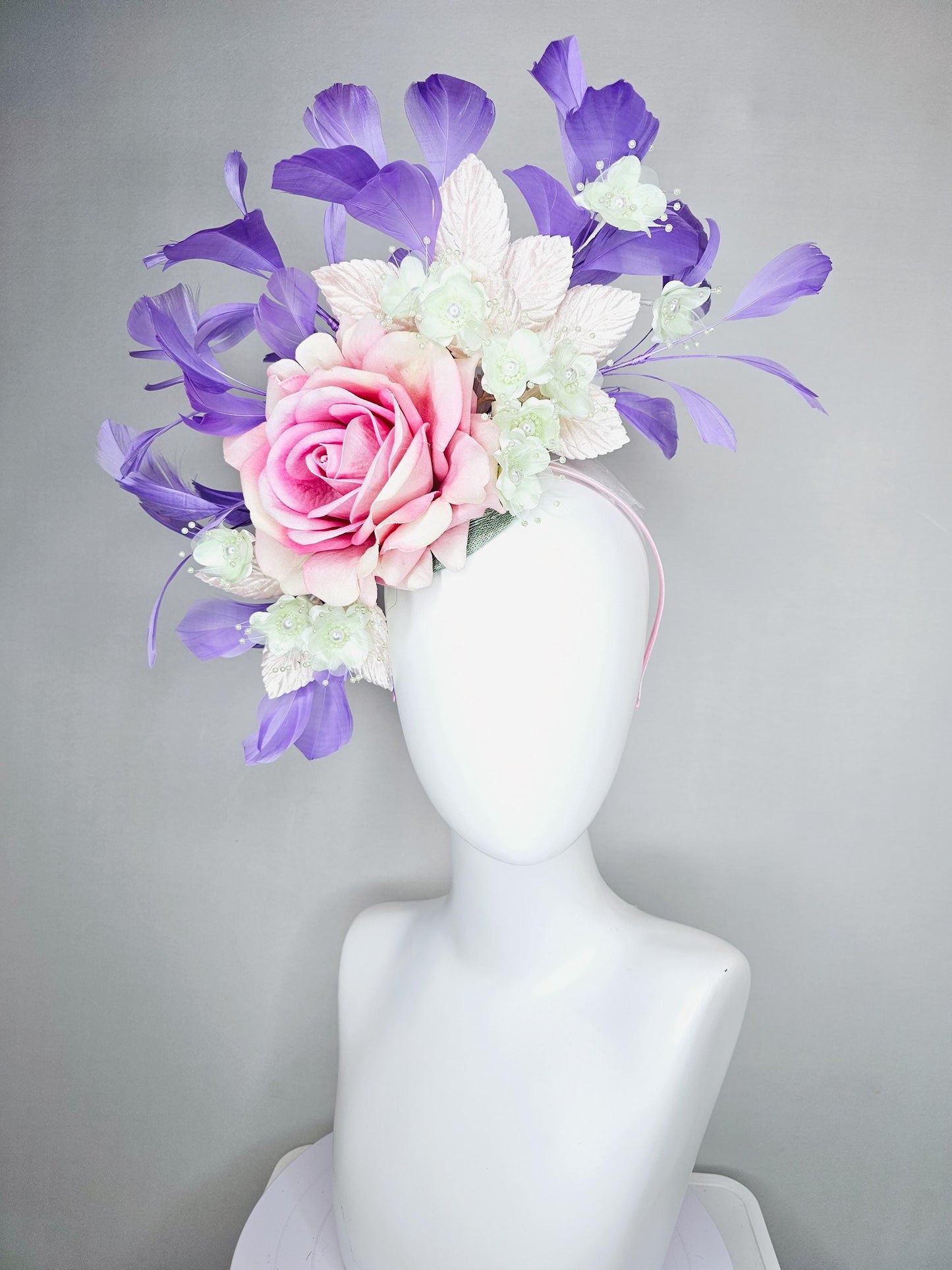 kentucky derby hat fascinator pink ombre satin rose, ivory white organza satin flowers, light pink leaves,lavender purple branching feathers