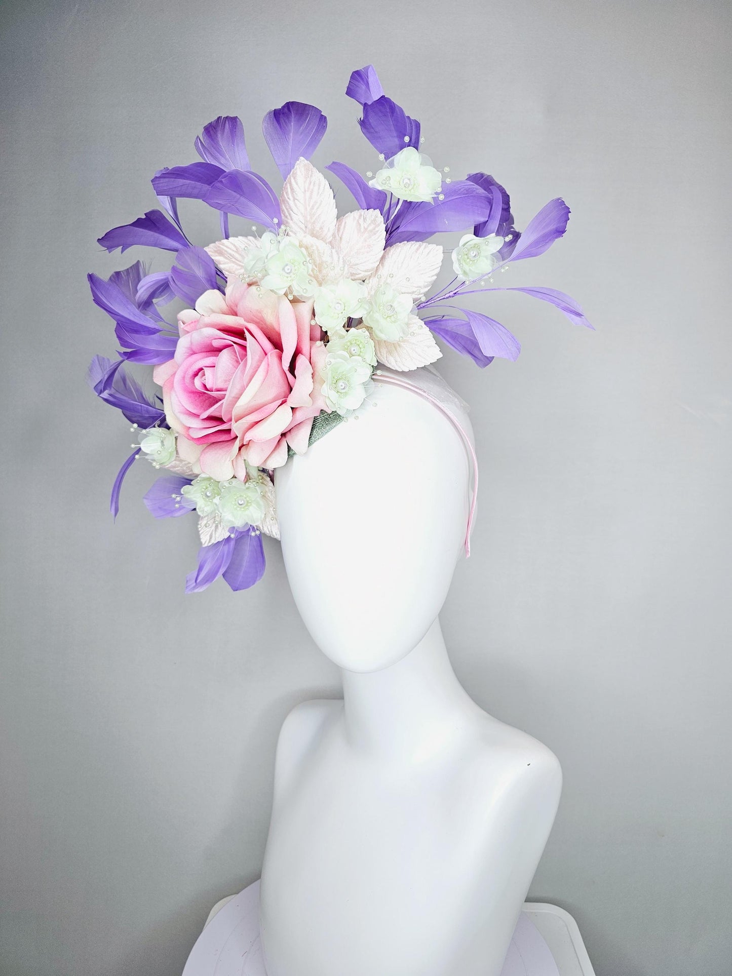 kentucky derby hat fascinator pink ombre satin rose, ivory white organza satin flowers, light pink leaves,lavender purple branching feathers