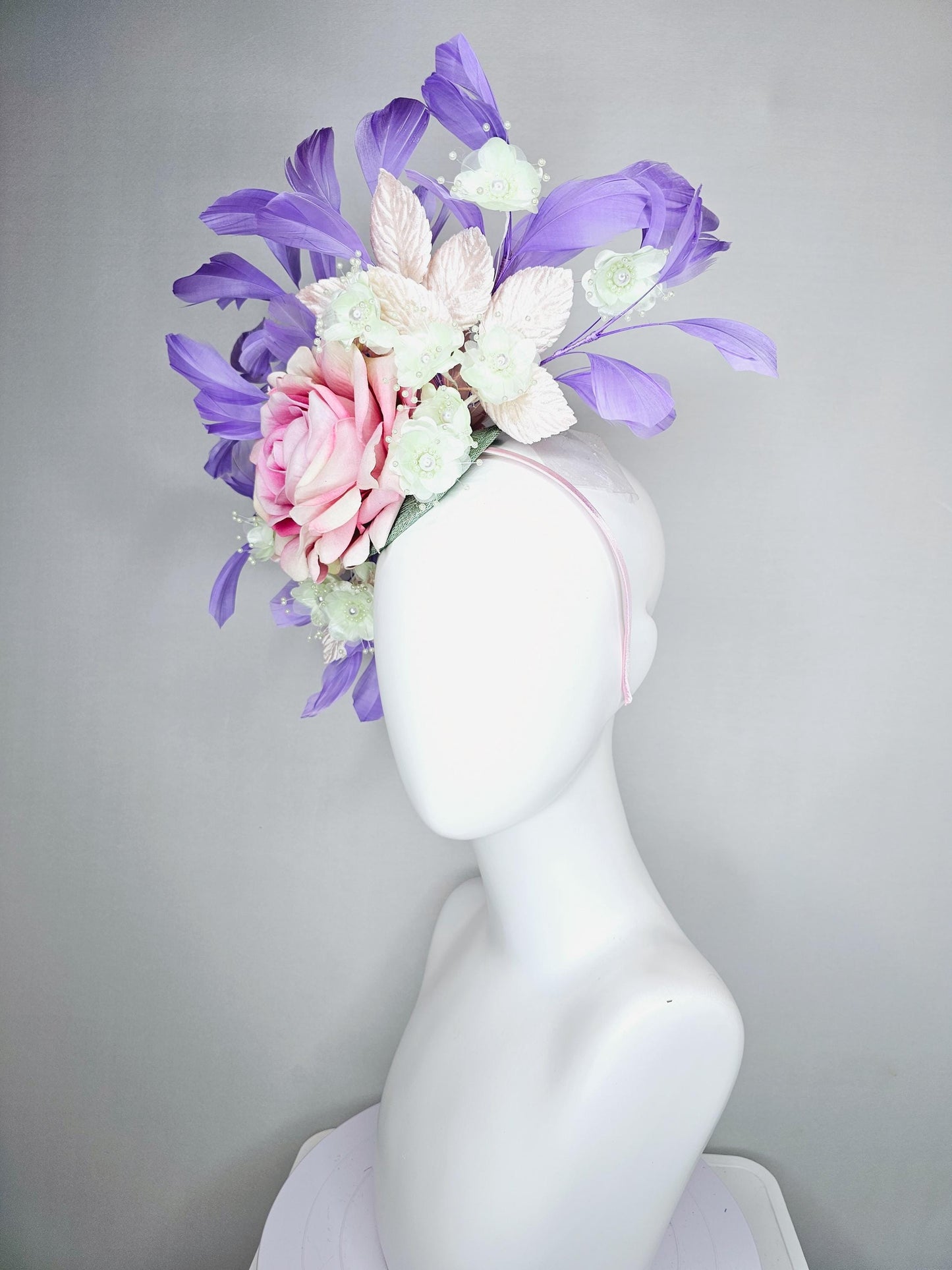 kentucky derby hat fascinator pink ombre satin rose, ivory white organza satin flowers, light pink leaves,lavender purple branching feathers