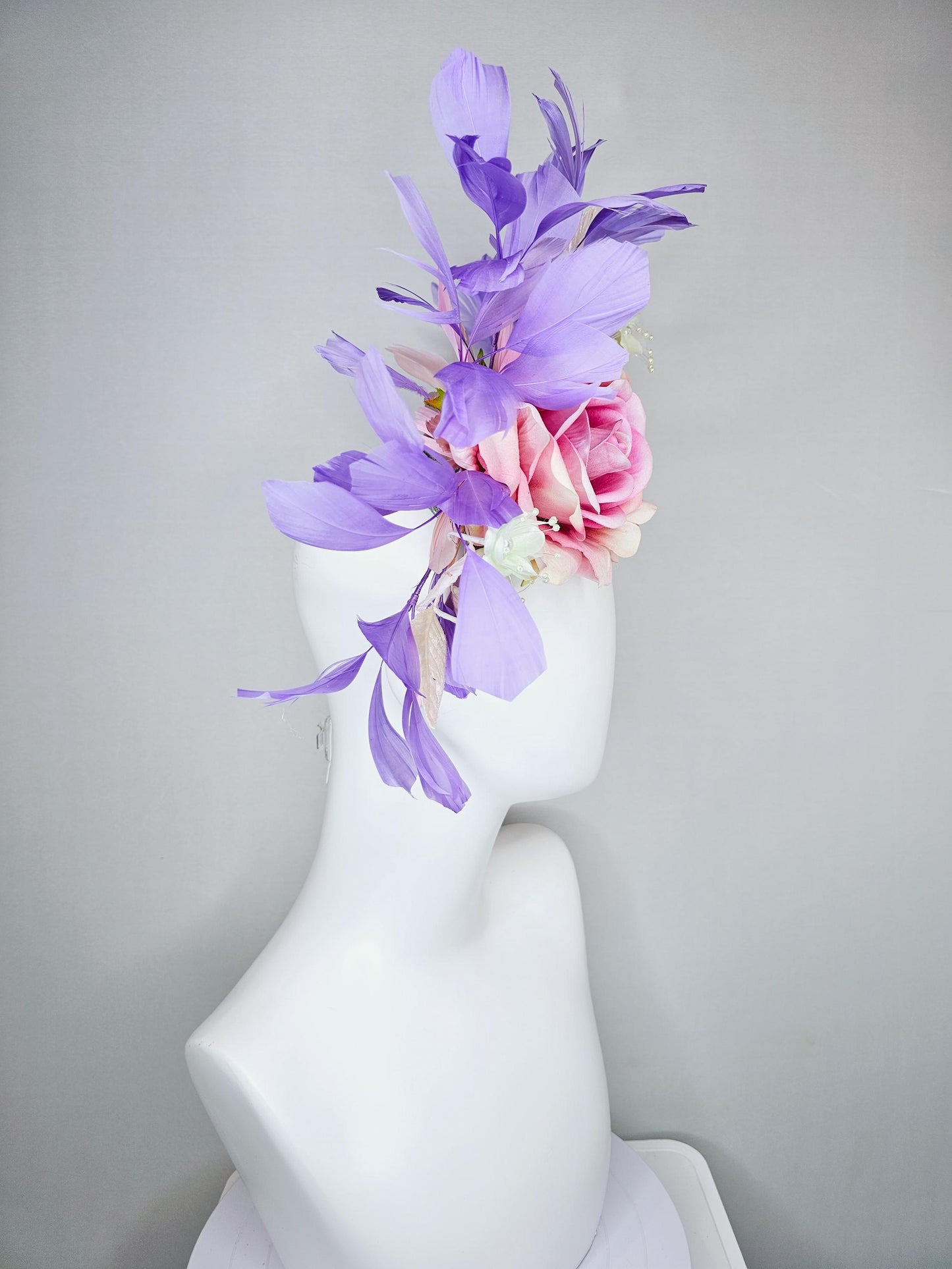 kentucky derby hat fascinator pink ombre satin rose, ivory white organza satin flowers, light pink leaves,lavender purple branching feathers