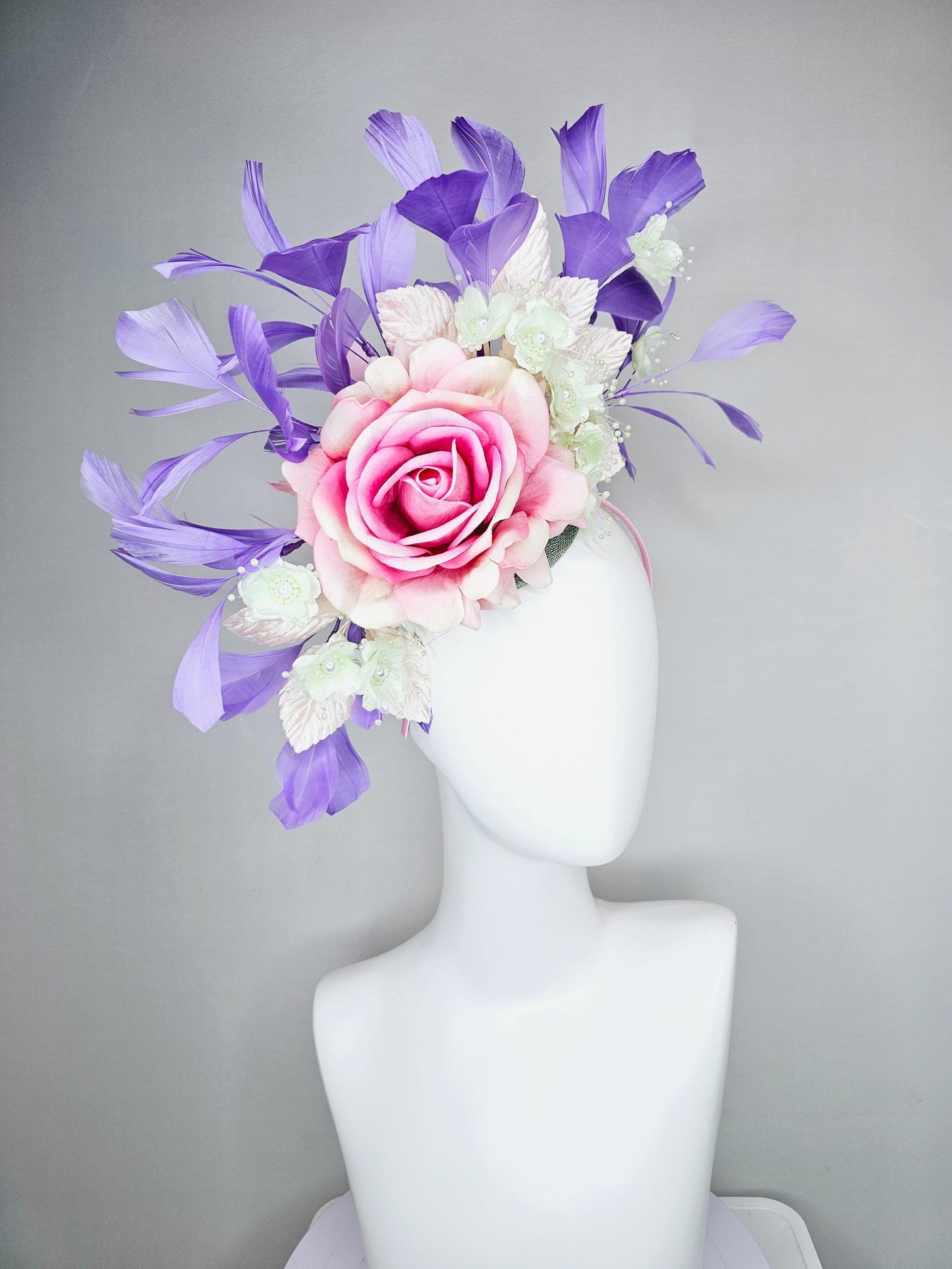 kentucky derby hat fascinator pink ombre satin rose, ivory white organza satin flowers, light pink leaves,lavender purple branching feathers