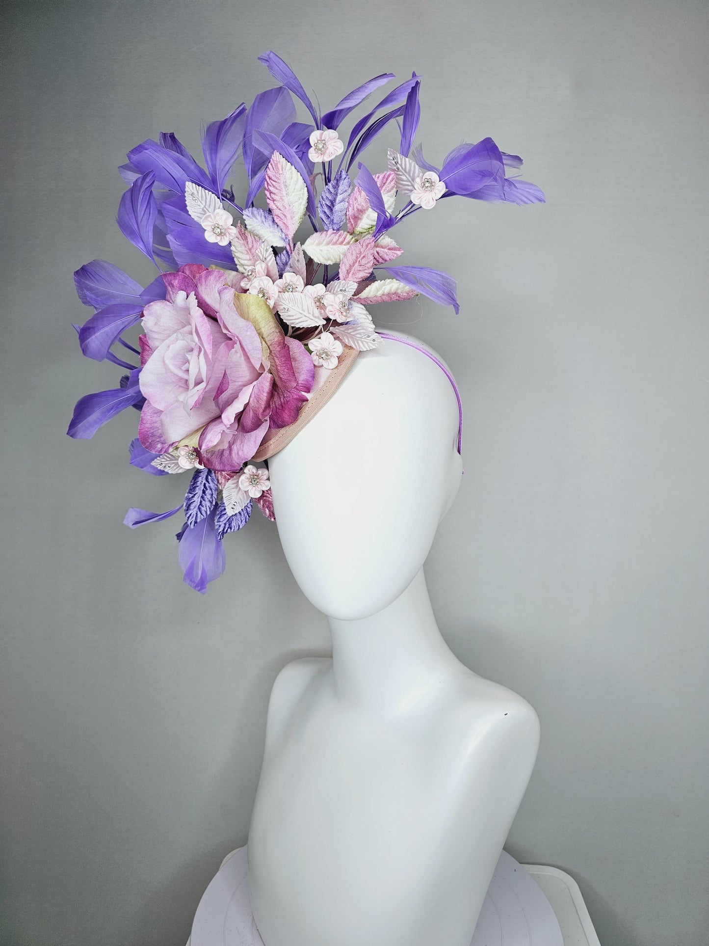 kentucky derby hat fascinator magenta purple ombre satin rose, light pink flowers,lavender purple pink ombre leaves,lavender purple feathers