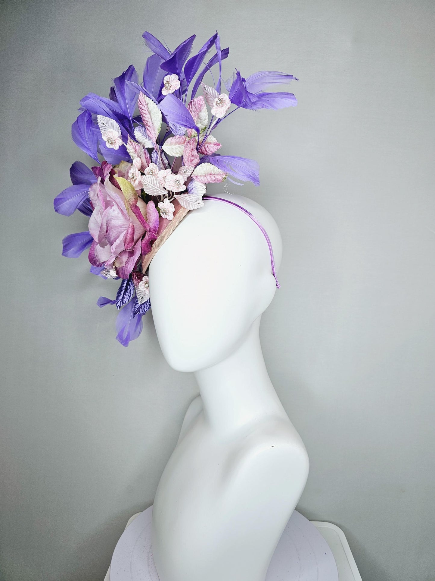 kentucky derby hat fascinator magenta purple ombre satin rose, light pink flowers,lavender purple pink ombre leaves,lavender purple feathers
