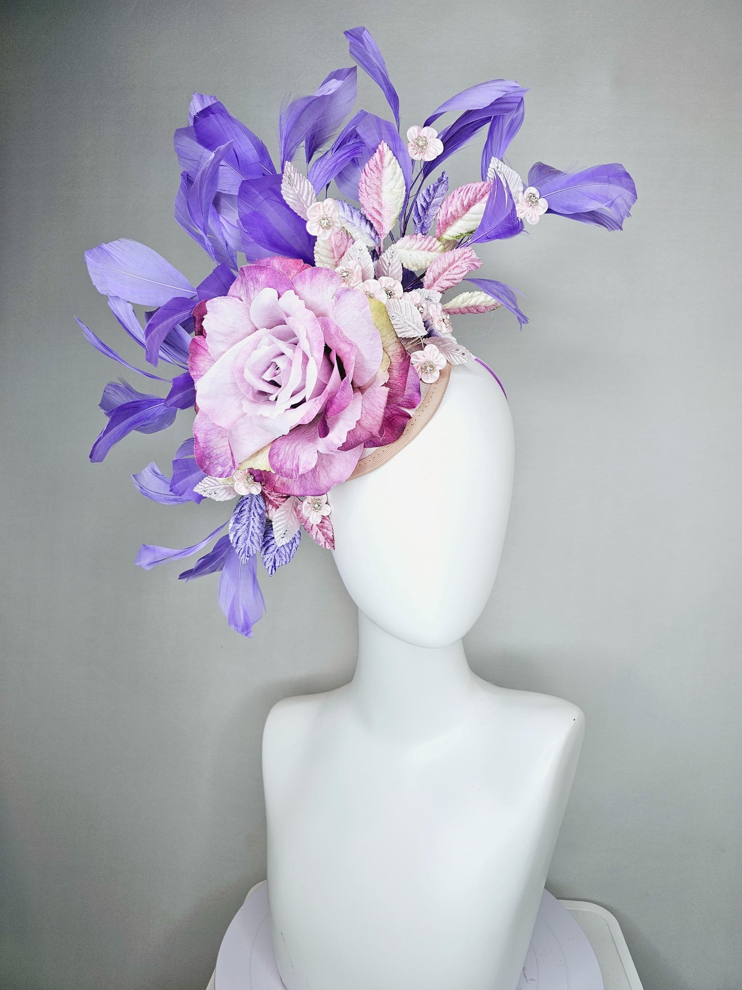 kentucky derby hat fascinator magenta purple ombre satin rose, light pink flowers,lavender purple pink ombre leaves,lavender purple feathers