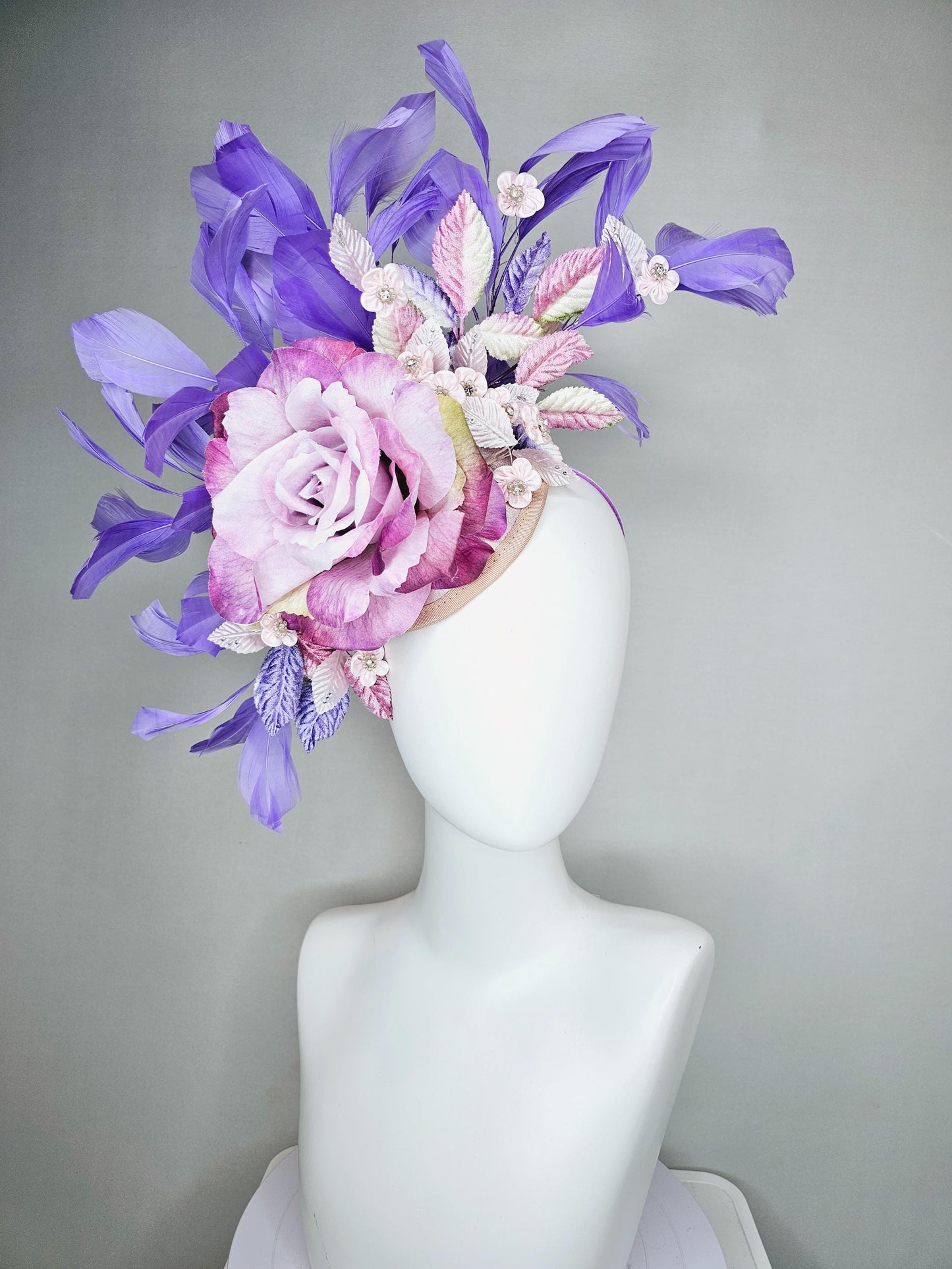 kentucky derby hat fascinator magenta purple ombre satin rose, light pink flowers,lavender purple pink ombre leaves,lavender purple feathers