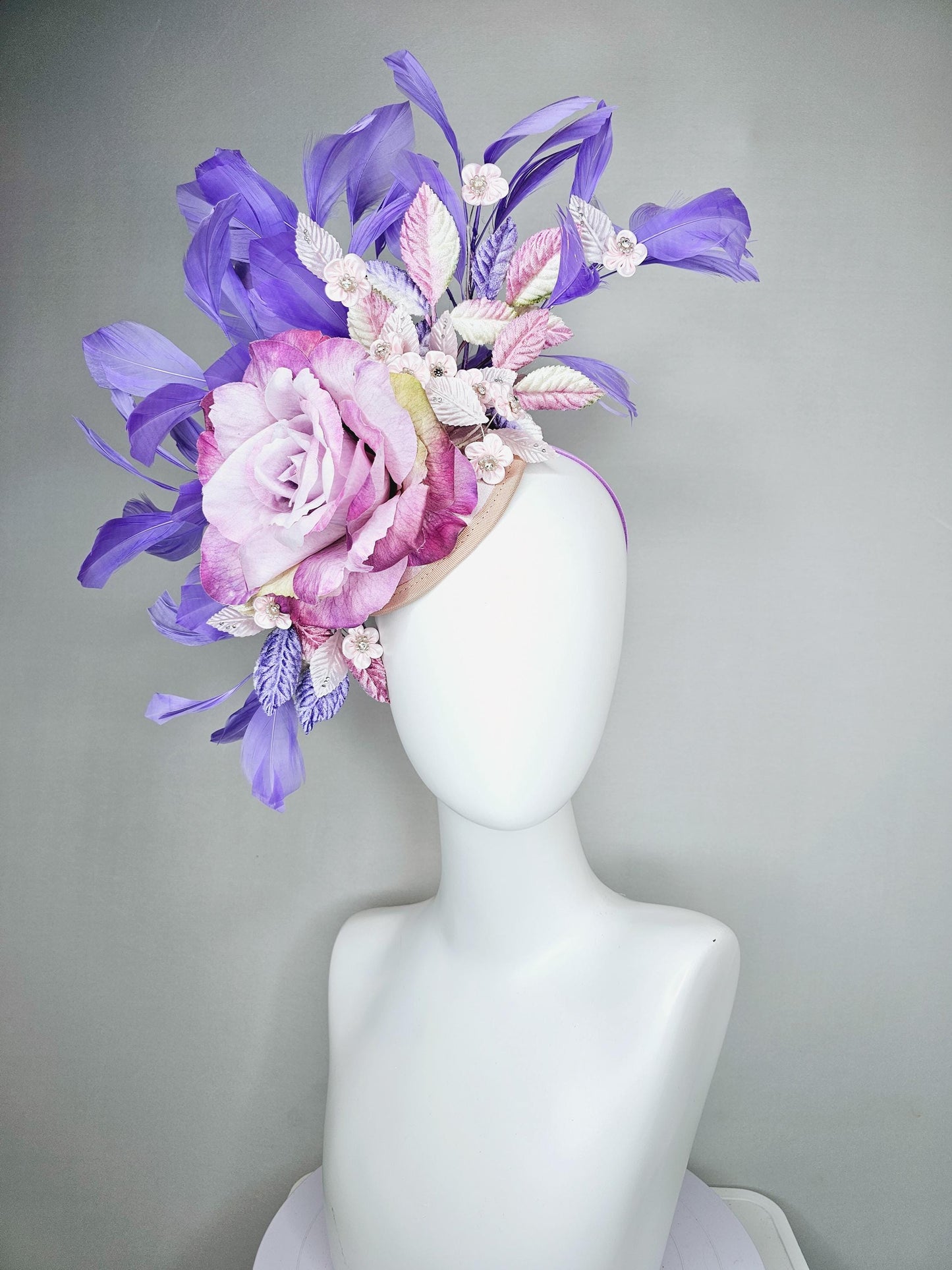 kentucky derby hat fascinator magenta purple ombre satin rose, light pink flowers,lavender purple pink ombre leaves,lavender purple feathers