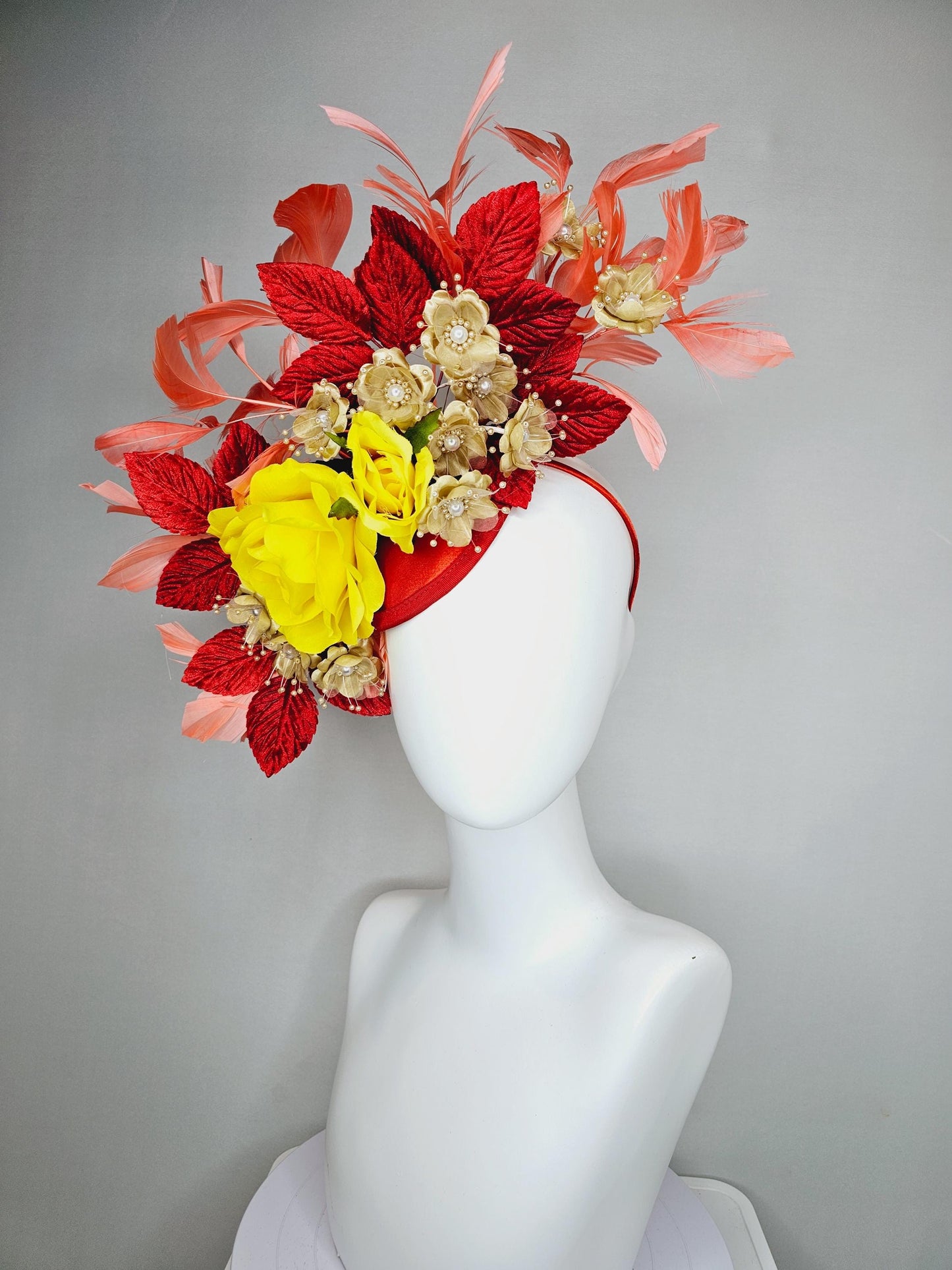 kentucky derby hat fascinator yellow satin roses,gold tan beige satin flowers with pearls,scarlet red leaves,coral orange branching feathers