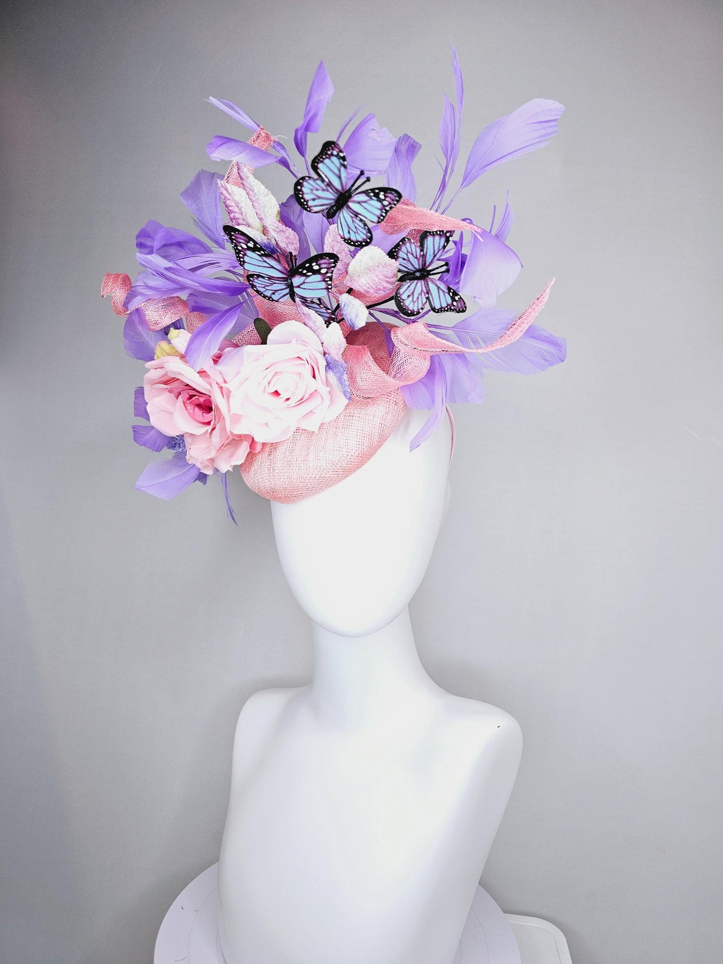 kentucky derby hat fascinator blush pink sinamay w/curls,light pink satin roses,pink purple leaves,lavender purple feathers,blue butterflies