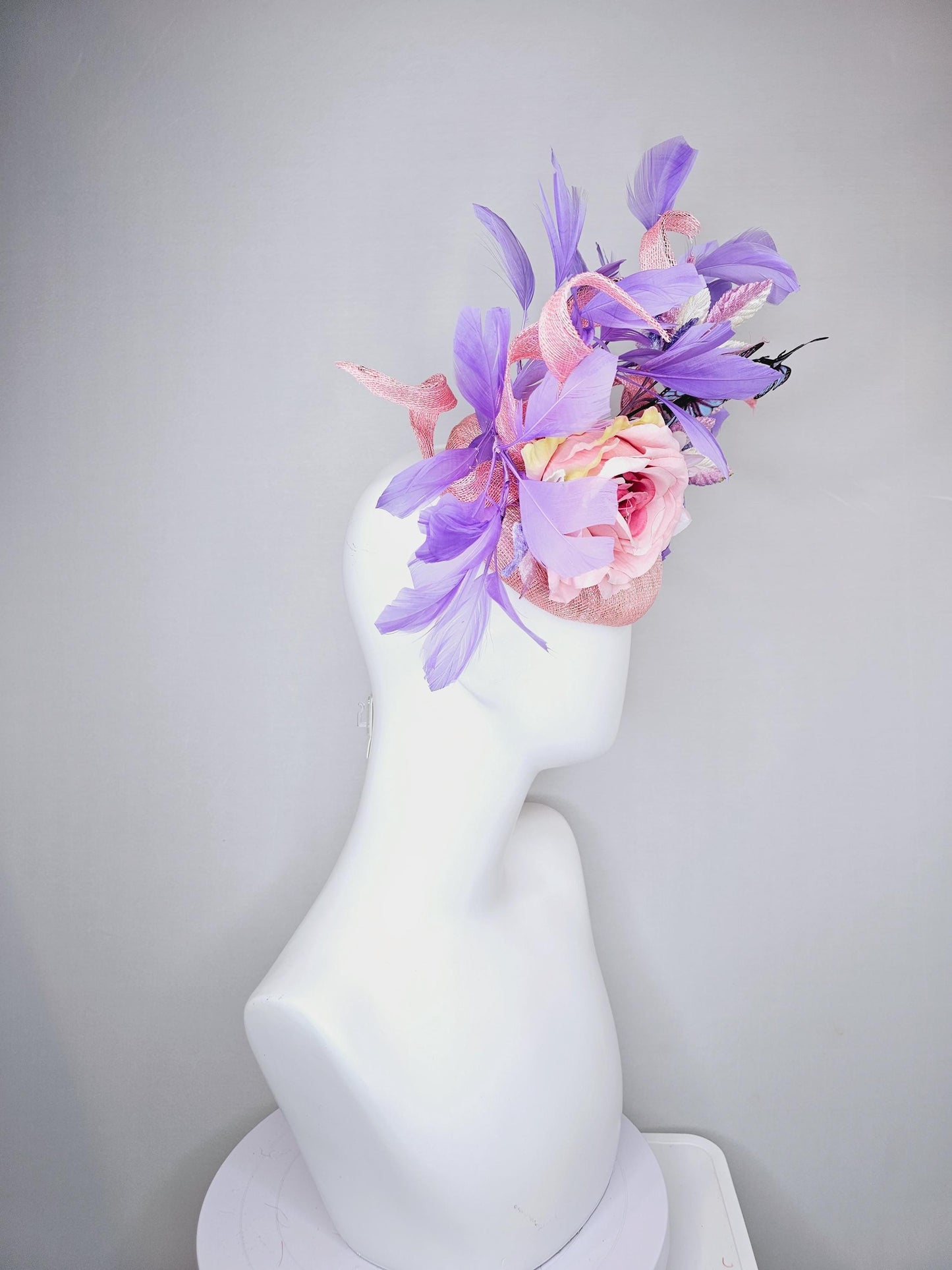 kentucky derby hat fascinator blush pink sinamay w/curls,light pink satin roses,pink purple leaves,lavender purple feathers,blue butterflies