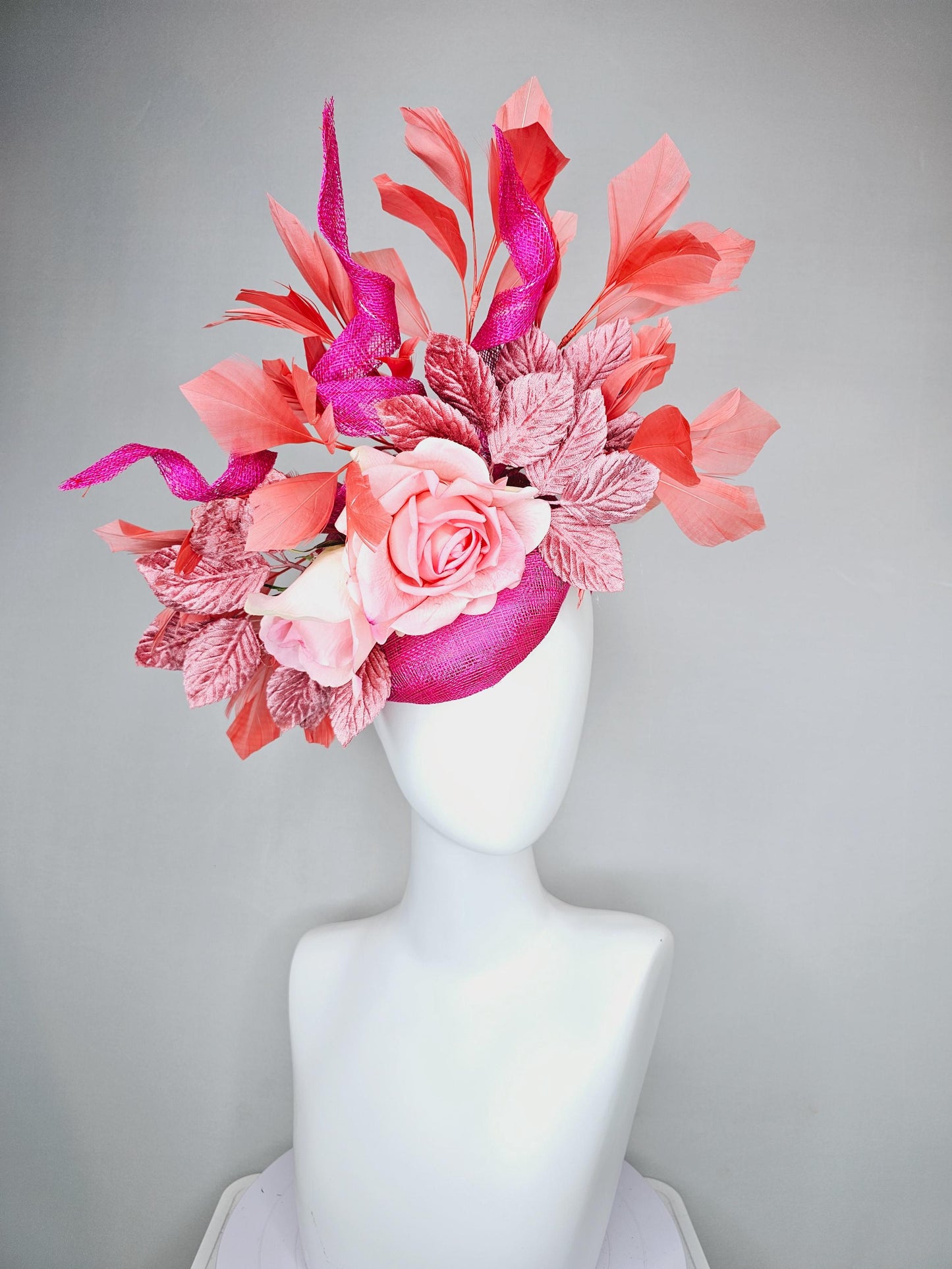 kentucky derby hat fascinator fuchsia pink sinamay with curls, light pink satin roses, dusty pink leaves, coral orange branching feathers