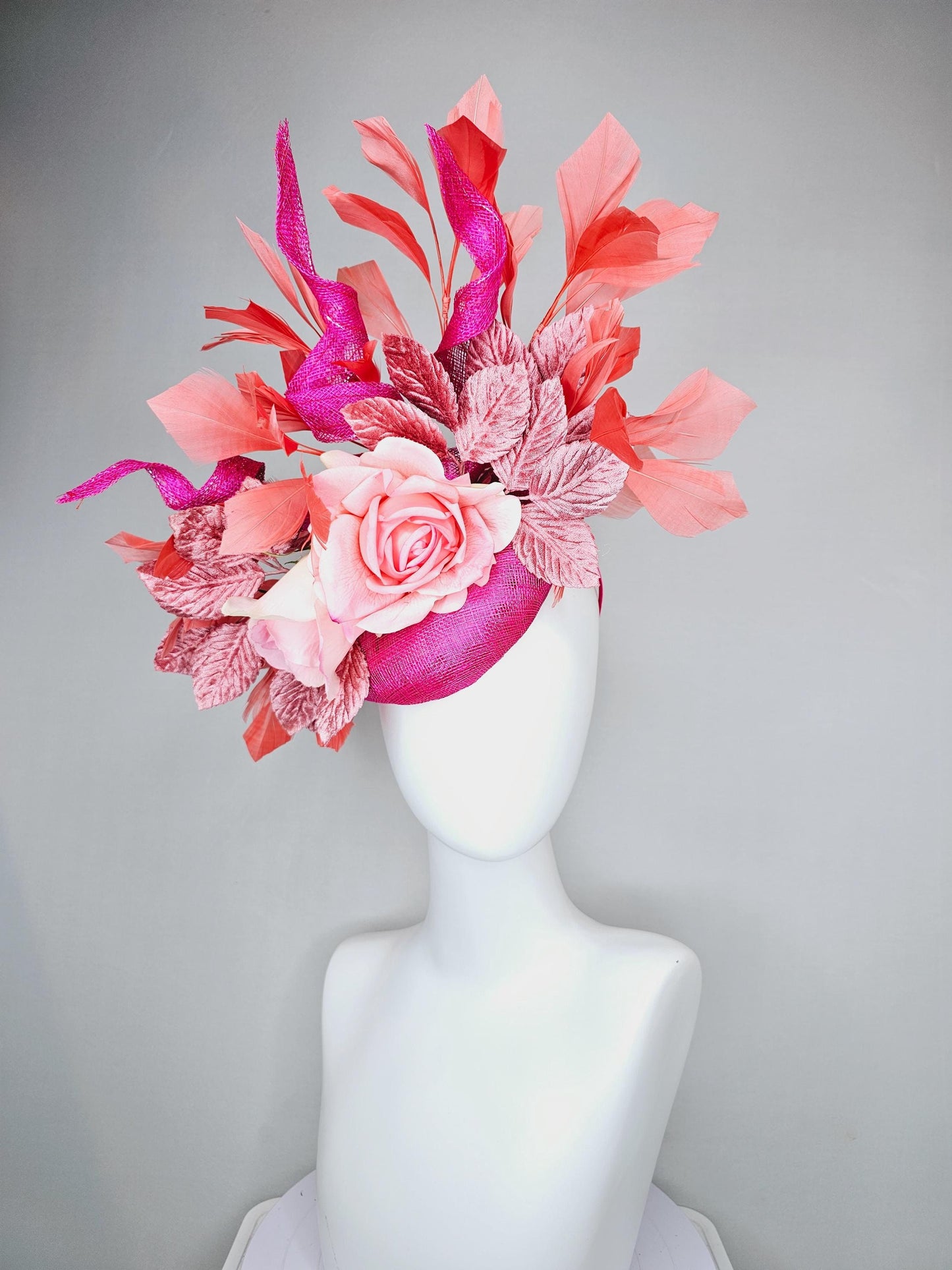 kentucky derby hat fascinator fuchsia pink sinamay with curls, light pink satin roses, dusty pink leaves, coral orange branching feathers